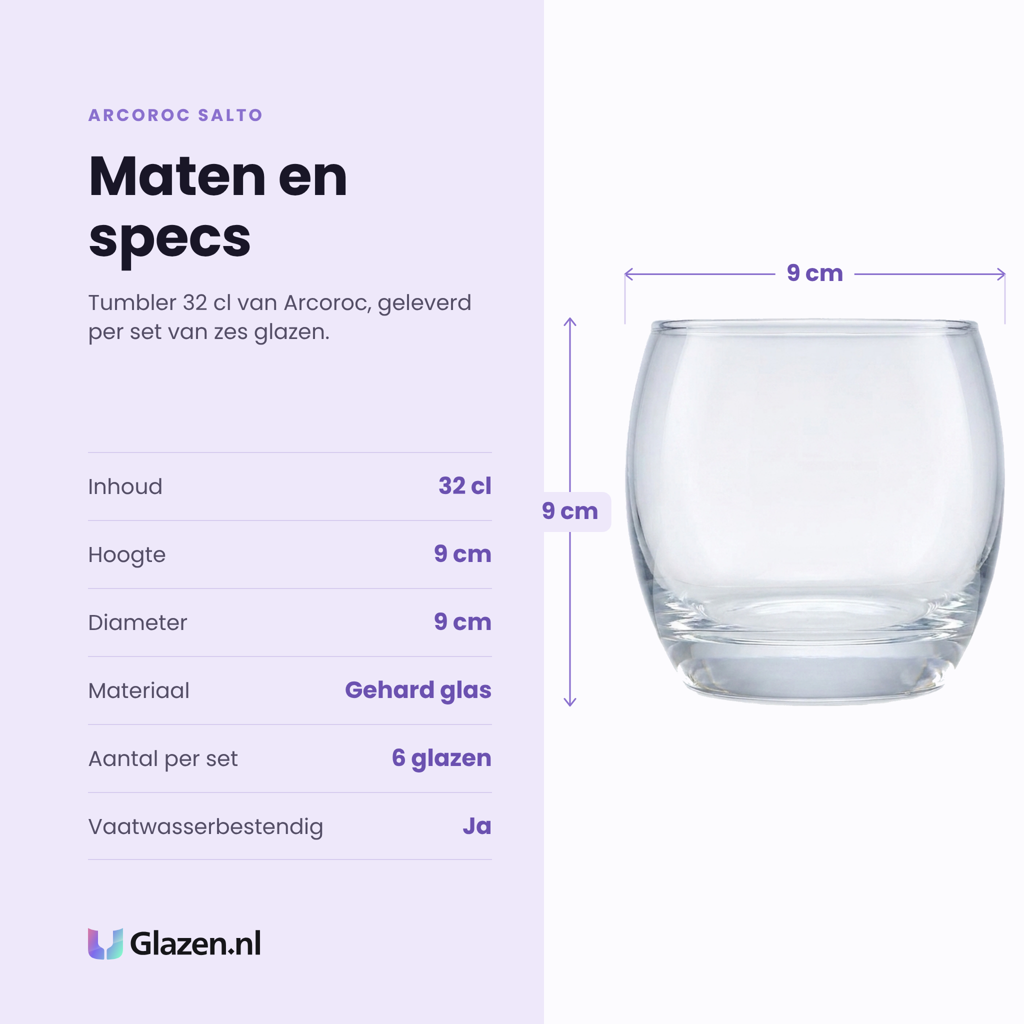 Arcoroc Salto tumbler 32 cl specificaties: inhoud 32 cl, hoogte 9 cm, diameter 9 cm, gehard glas, set van 6