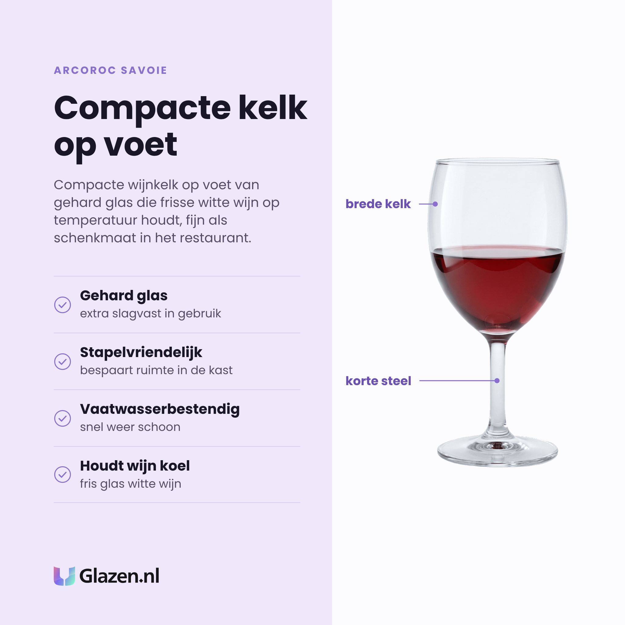 Arcoroc Savoie wijnglas 19 cl eigenschappen: gehard glas, stapelvriendelijk, vaatwasserbestendig, houdt witte wijn koel