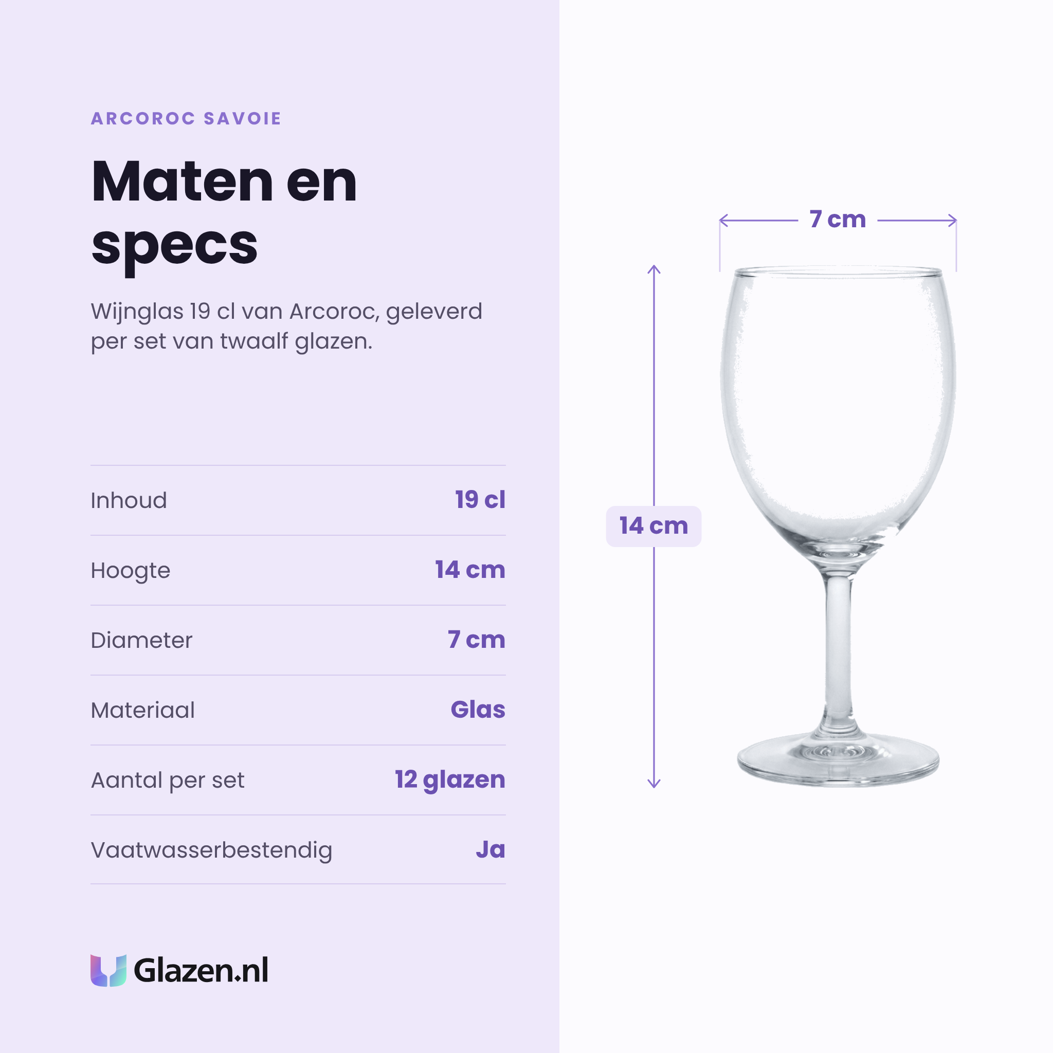 Arcoroc Savoie wijnglas 19 cl specificaties: inhoud 19 cl, hoogte 14 cm, diameter 7 cm, glas, set van 12
