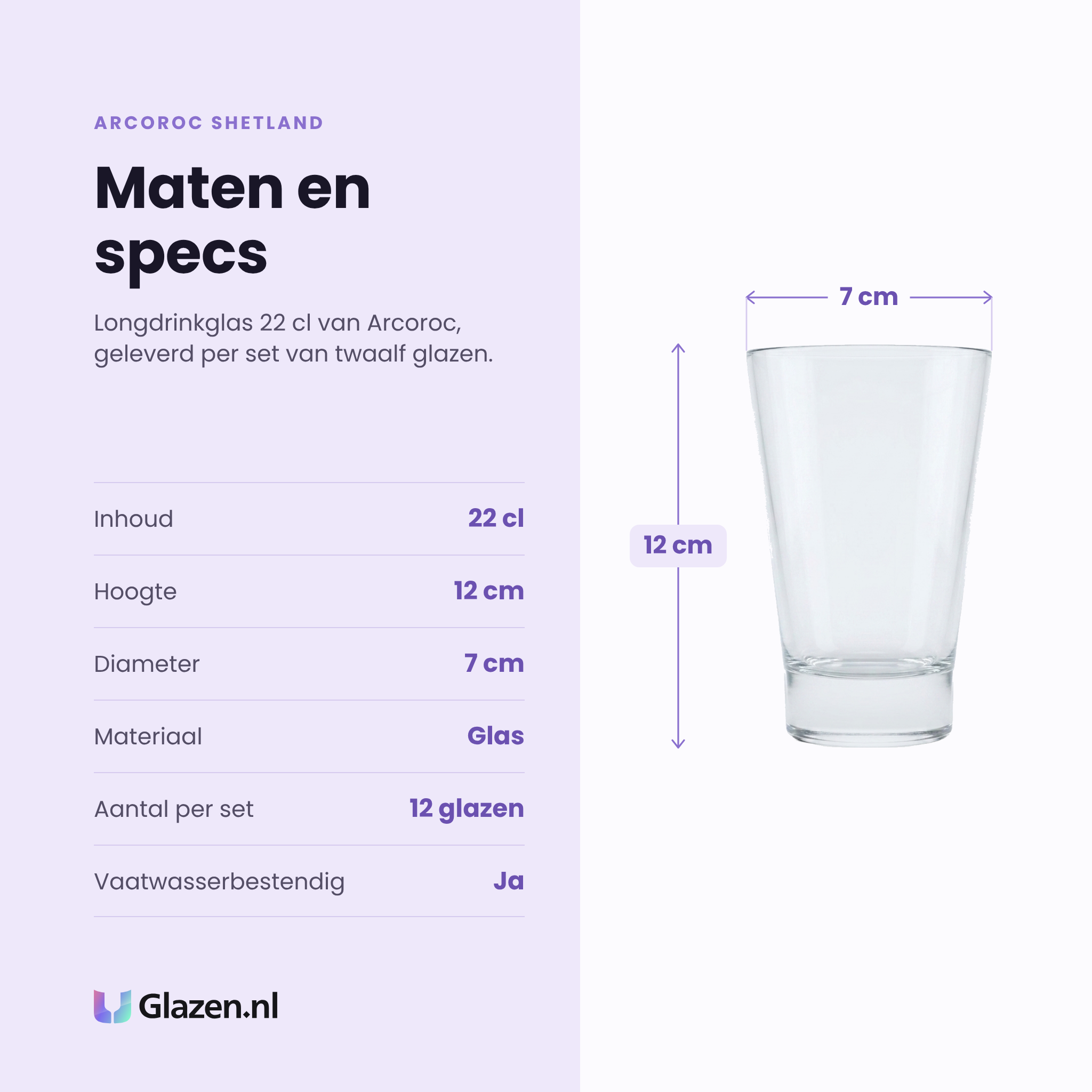 Arcoroc Shetland longdrinkglas 22 cl specificaties: inhoud 22 cl, hoogte 12 cm, diameter 7 cm, glas, set van 12