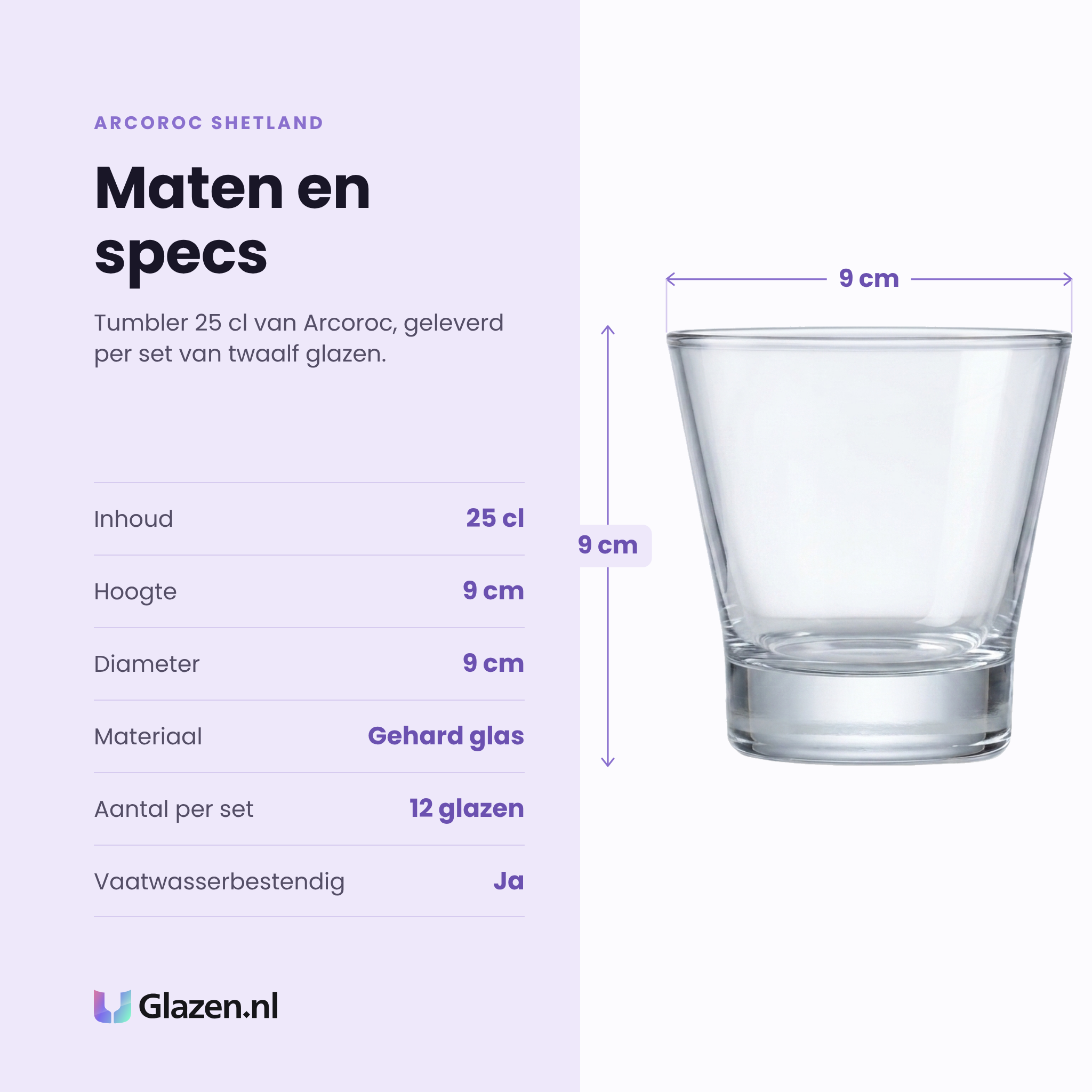 Arcoroc Shetland tumbler 25 cl specificaties: inhoud 25 cl, hoogte 9 cm, diameter 9 cm, gehard glas, set van 12