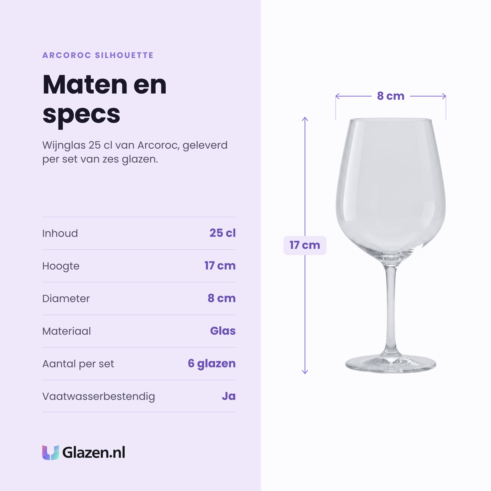 Arcoroc Silhouette wijnglas 25 cl specificaties: inhoud 25 cl, hoogte 17 cm, diameter 8 cm, glas, set van 6