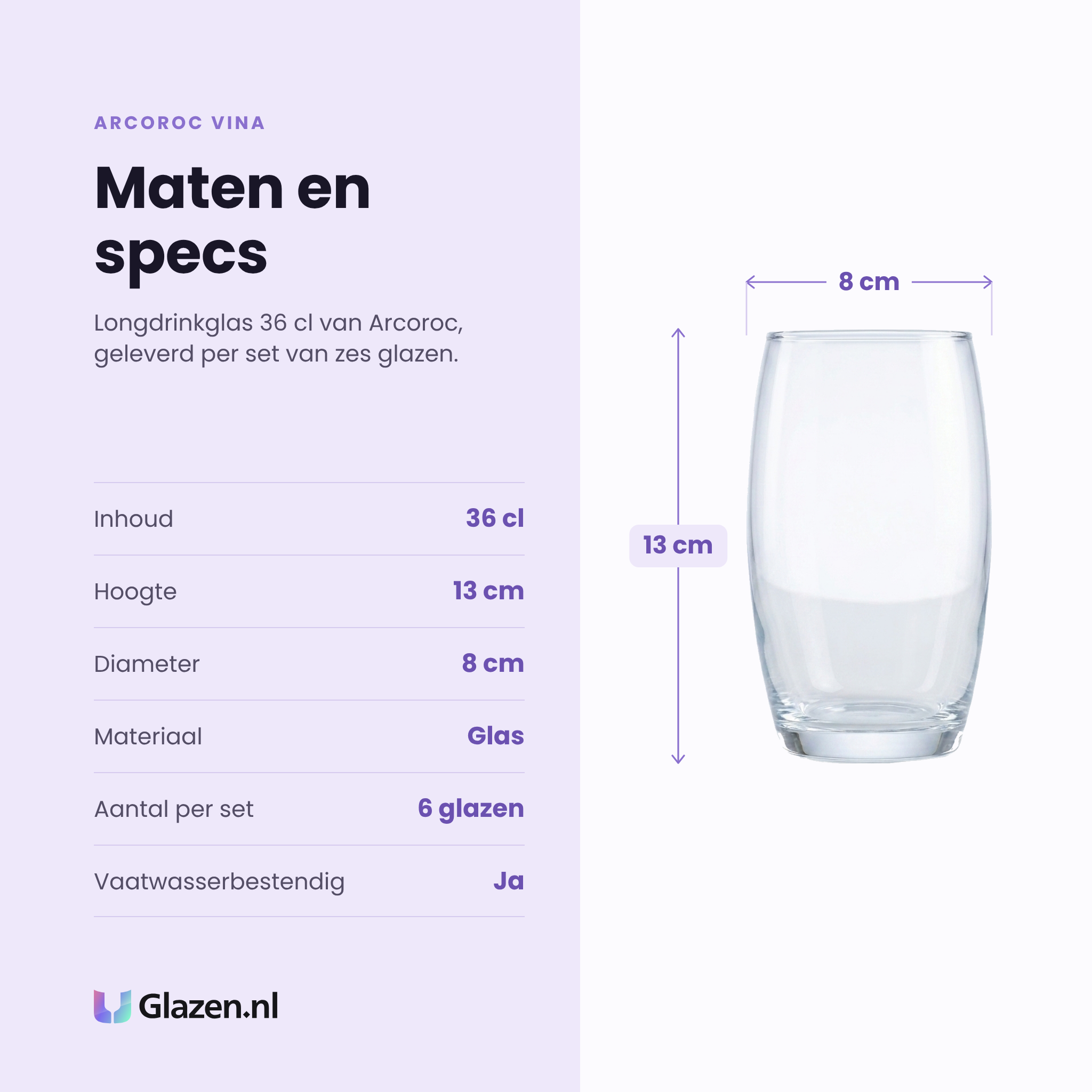 Arcoroc Vina longdrinkglas 36 cl specificaties: inhoud 36 cl, hoogte 13 cm, diameter 8 cm, glas, set van 6