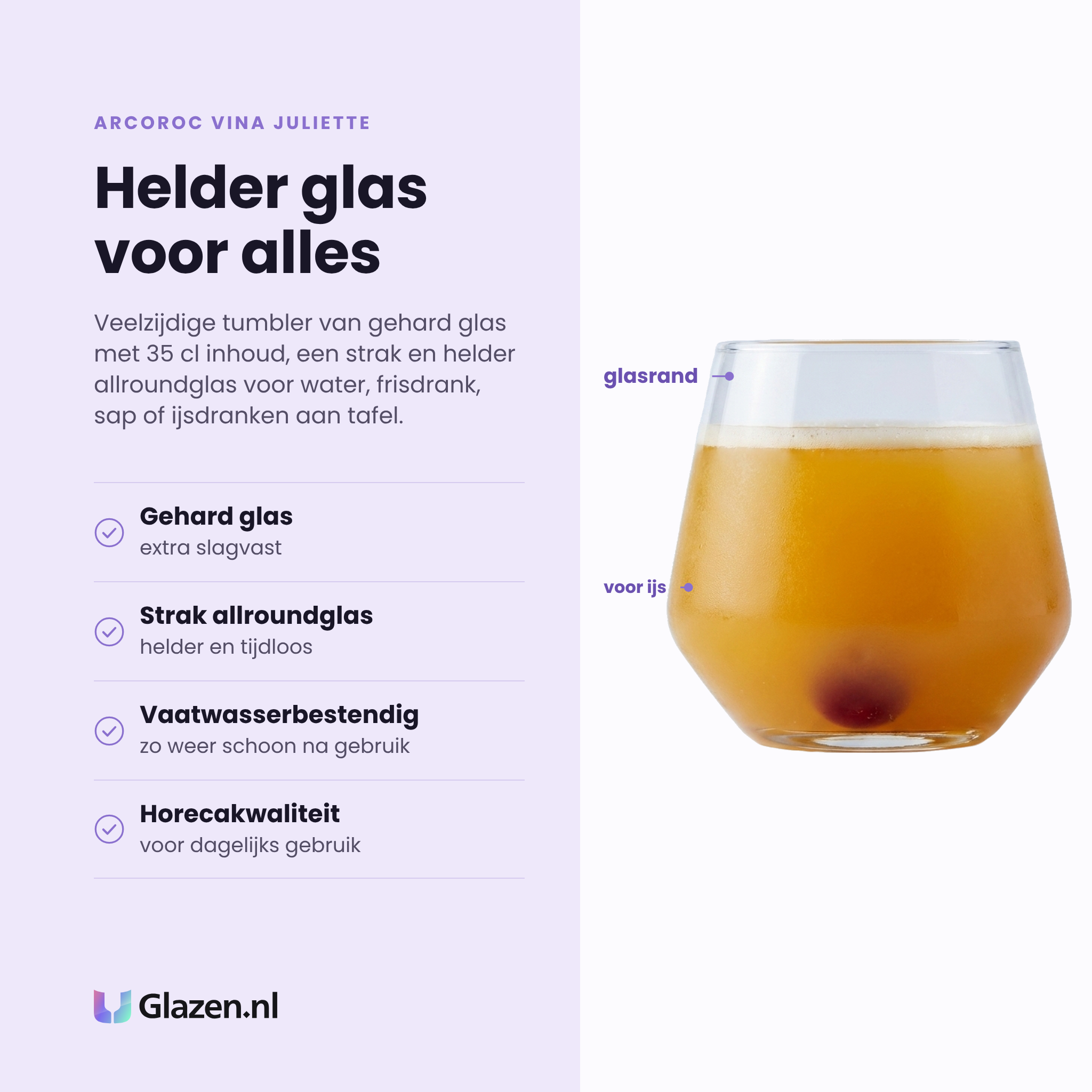 Arcoroc Vina Juliette tumbler 35 cl eigenschappen: gehard glas, strak allroundglas, vaatwasserbestendig, horecakwaliteit