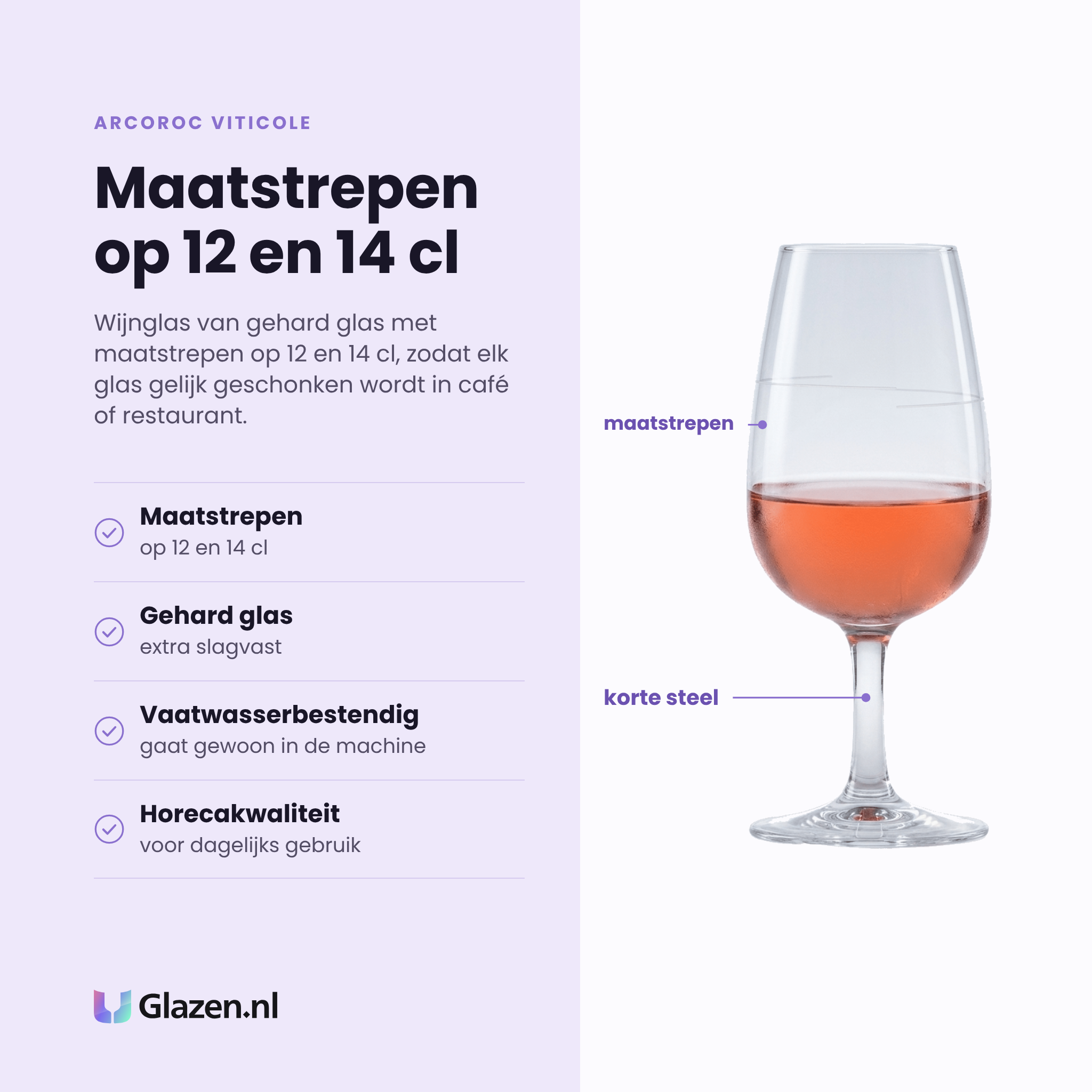 Arcoroc Viticole wijnglas 21,5 cl eigenschappen: maatstrepen op 12 en 14 cl, gehard glas, vaatwasserbestendig, horecakwaliteit