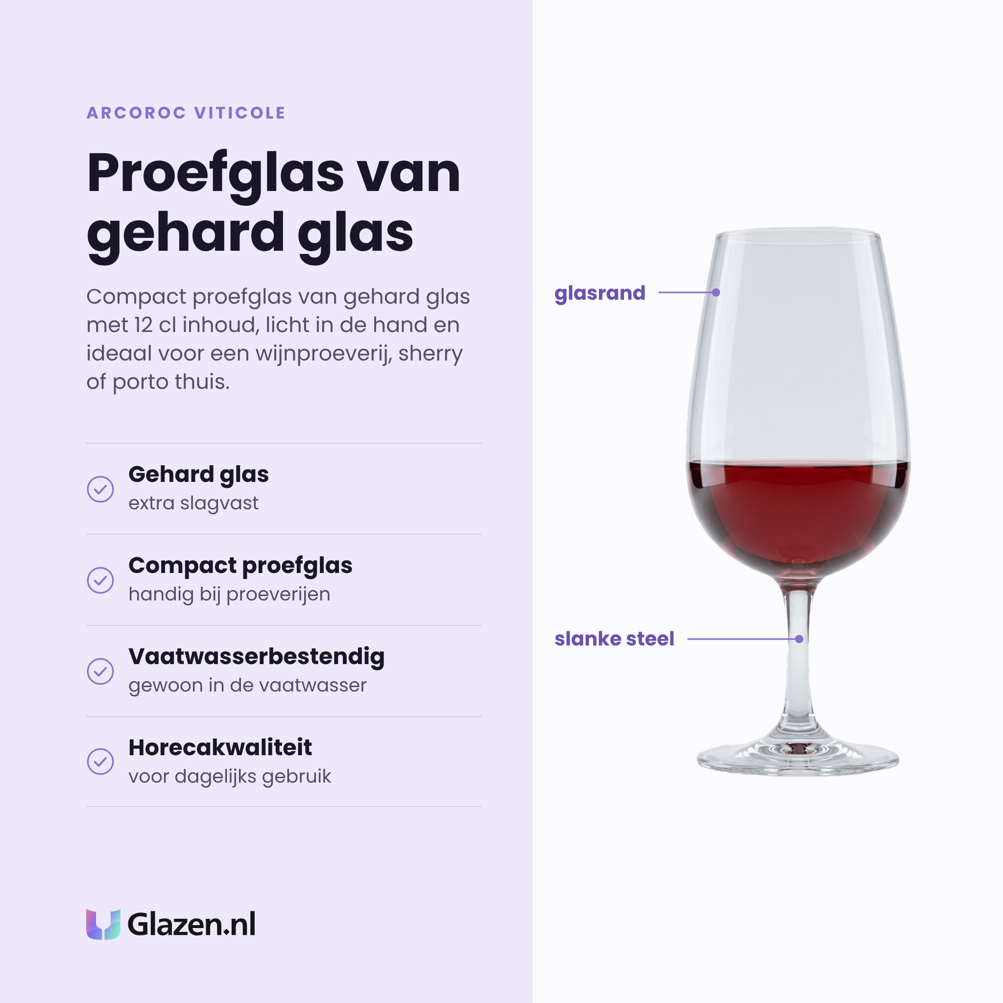 Arcoroc Viticole wijnglas 12 cl eigenschappen: gehard glas, compact proefglas, vaatwasserbestendig, horecakwaliteit