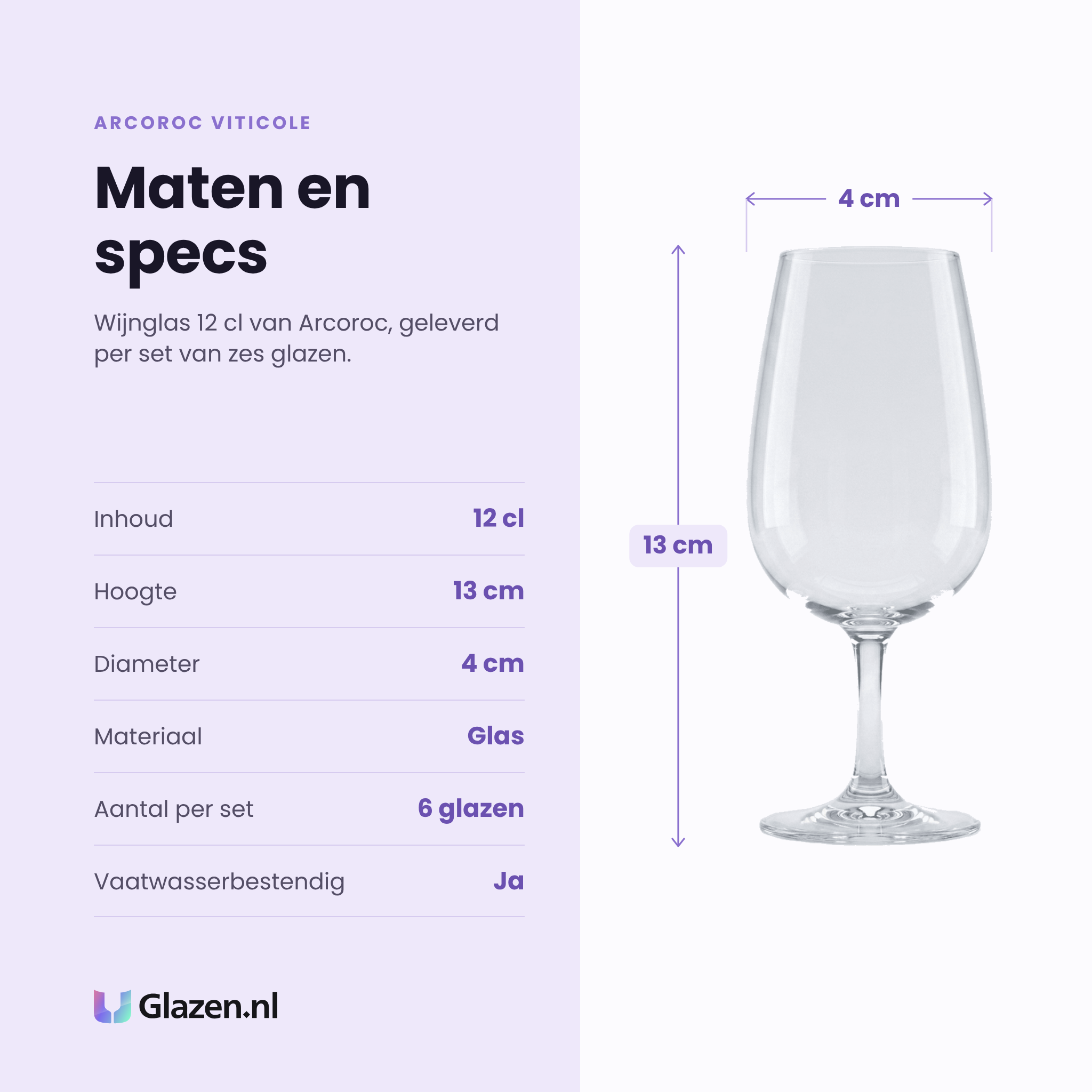 Arcoroc Viticole wijnglas 12 cl specificaties: inhoud 12 cl, hoogte 13 cm, diameter 4 cm, glas, set van 6