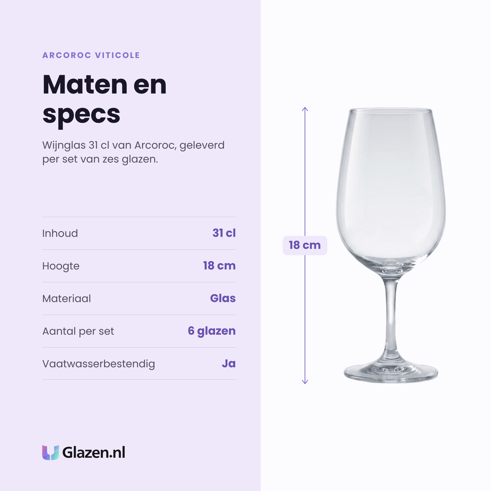 Arcoroc Viticole wijnglas 31 cl specificaties: inhoud 31 cl, hoogte 18 cm, glas, set van 6