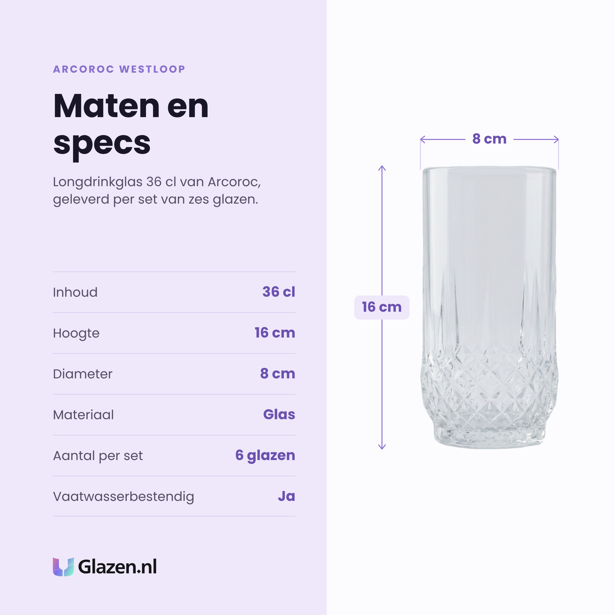 Arcoroc Westloop longdrinkglas 36 cl specificaties: inhoud 36 cl, hoogte 16 cm, diameter 8 cm, glas, set van 6