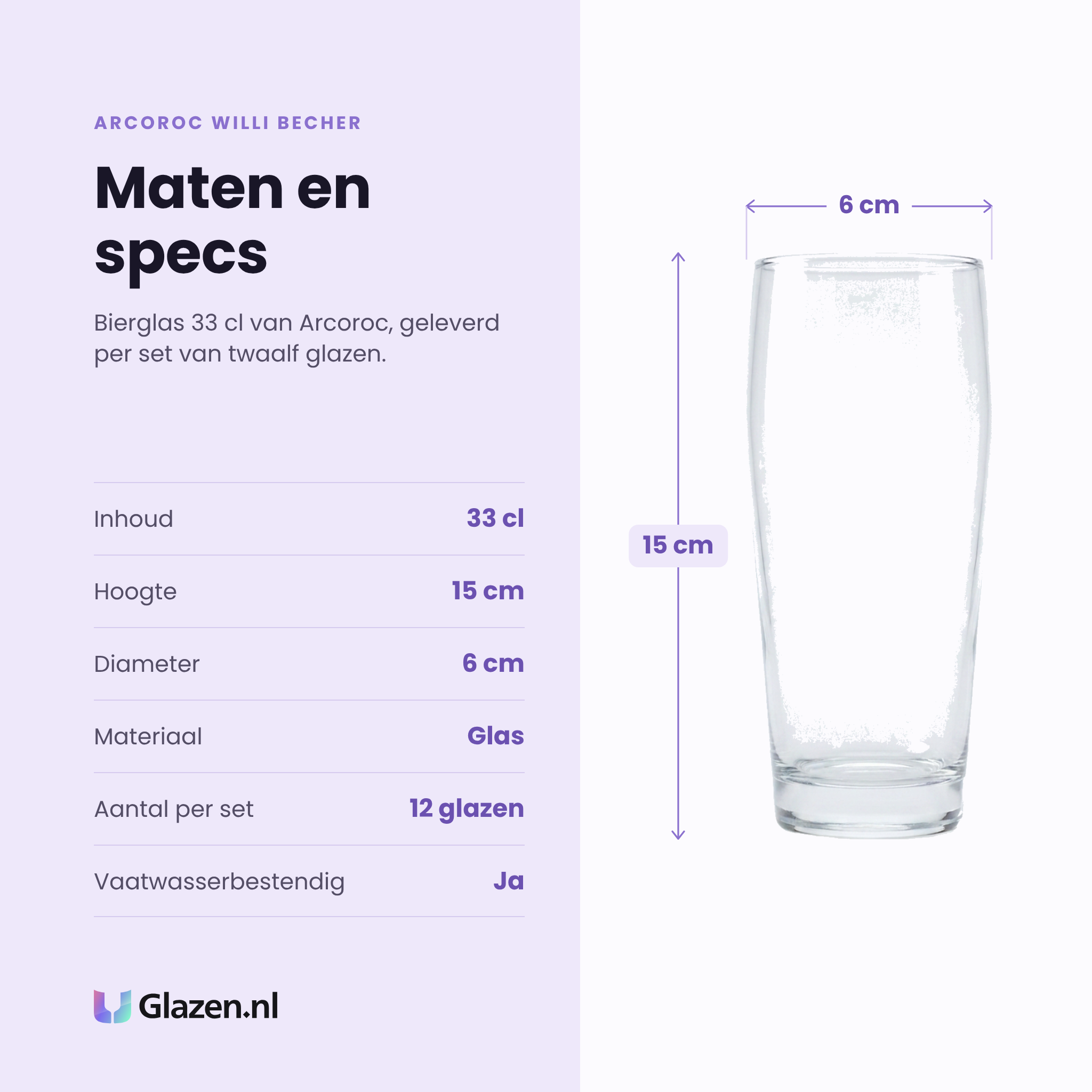 Arcoroc Willi Becher bierglas 33 cl specificaties: inhoud 33 cl, hoogte 15 cm, diameter 6 cm, glas, set van 12