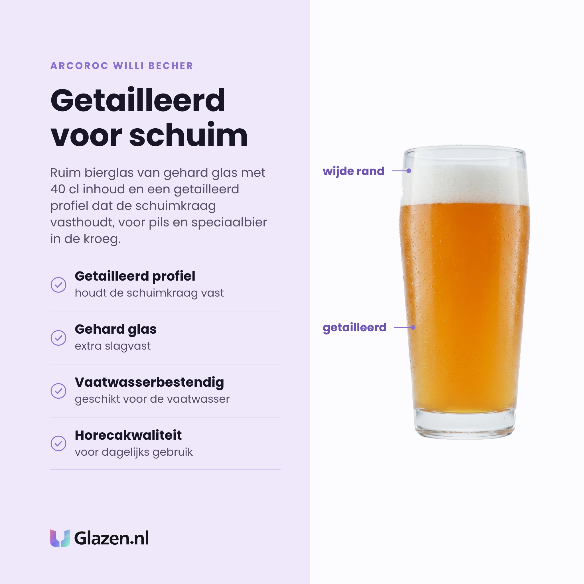 Arcoroc Willi Becher bierglas 40 cl eigenschappen: getailleerd profiel houdt schuimkraag, gehard glas, vaatwasserbestendig, horecakwaliteit