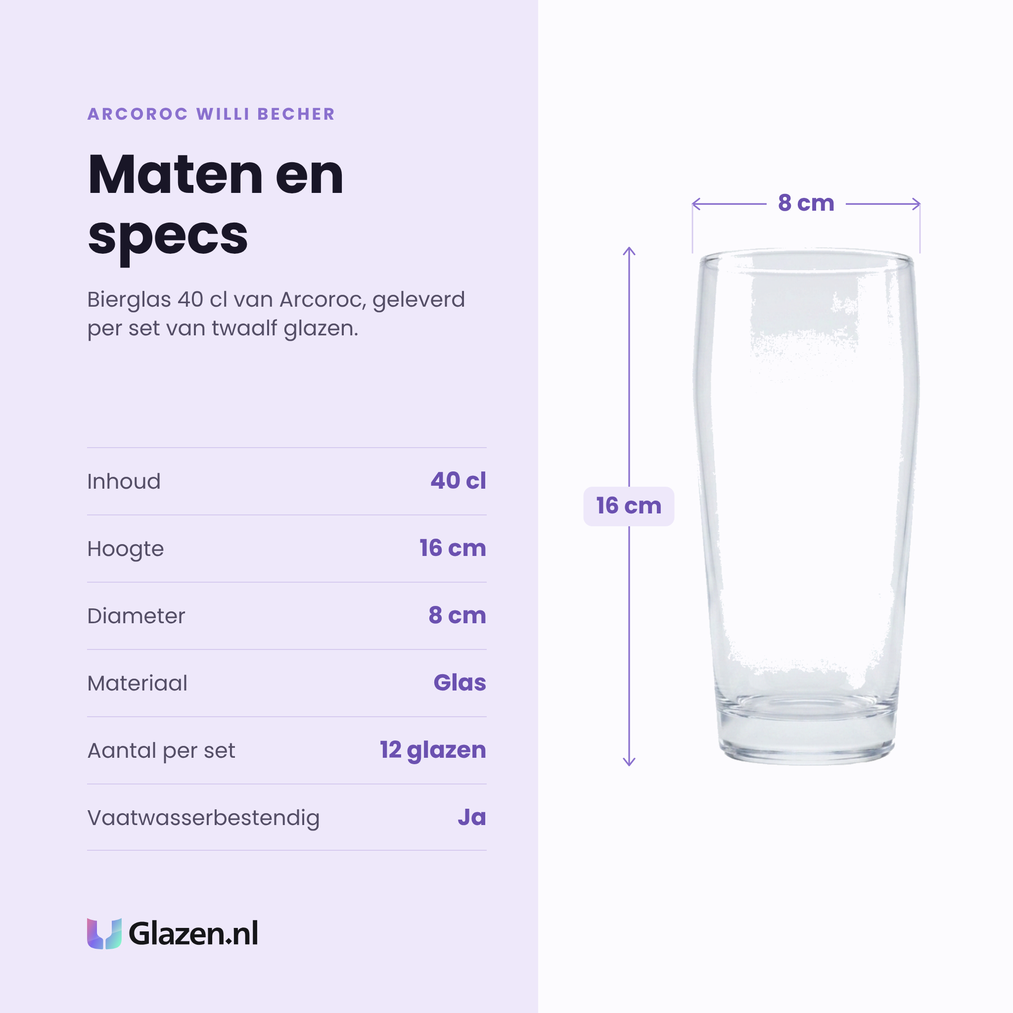 Arcoroc Willi Becher bierglas 40 cl specificaties: inhoud 40 cl, hoogte 16 cm, diameter 8 cm, glas, set van 12