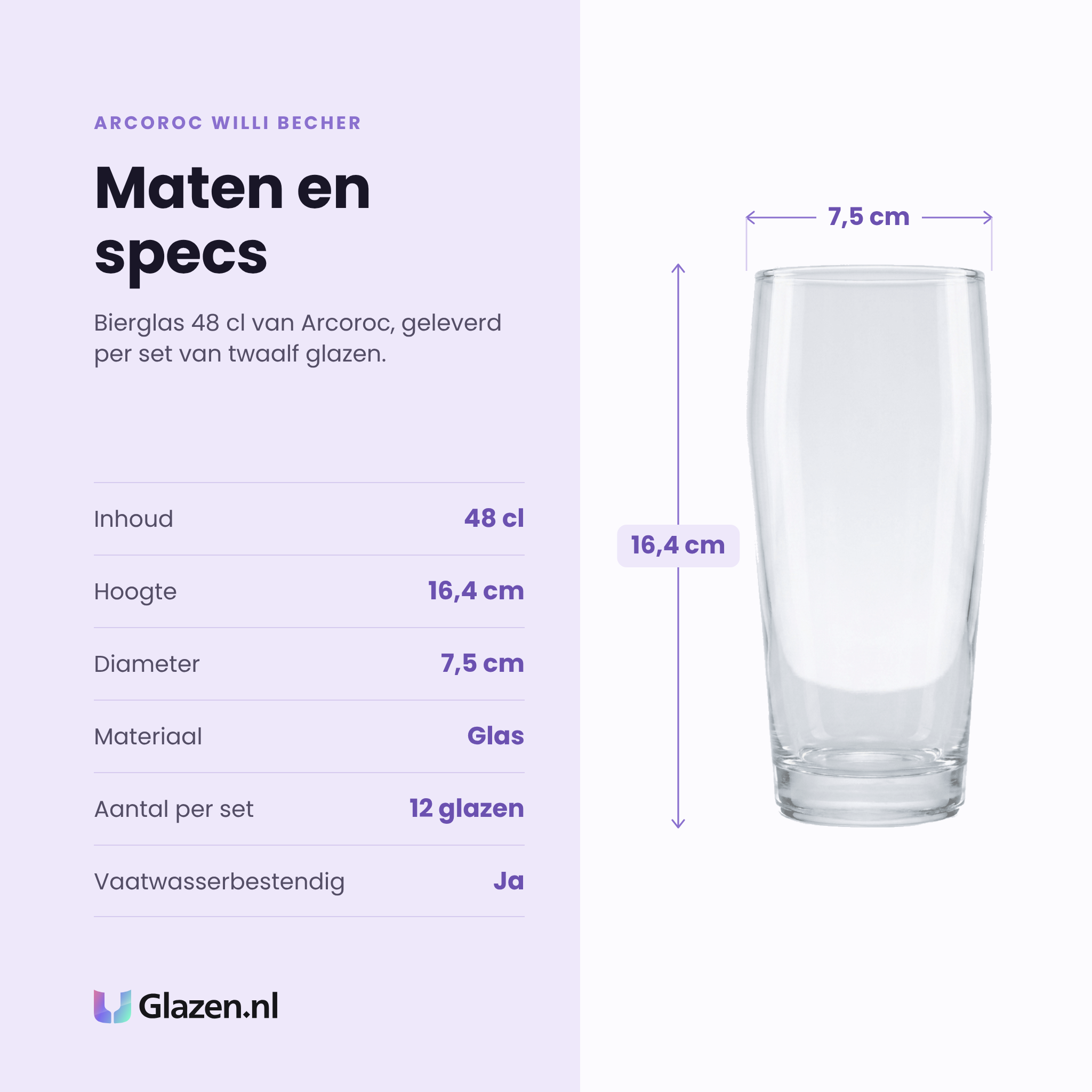 Arcoroc Willi Becher bierglas 48 cl specificaties: inhoud 48 cl, hoogte 16,4 cm, diameter 7,5 cm, glas, set van 12