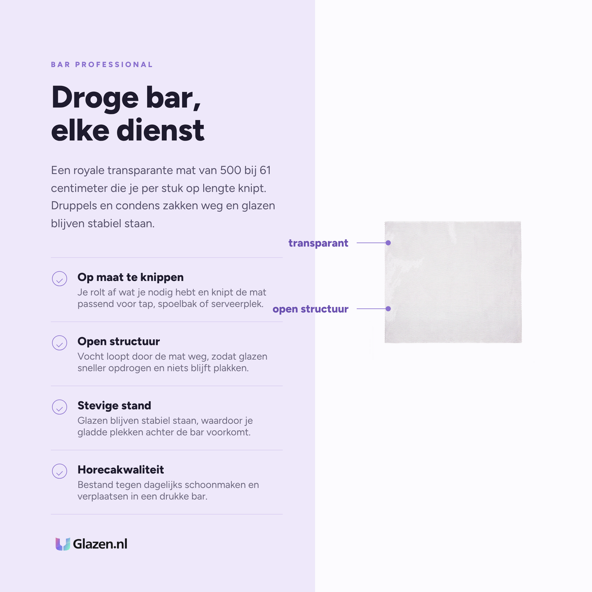 Eigenschappen van de Bar Professional barmat op rol 500 bij 61 cm