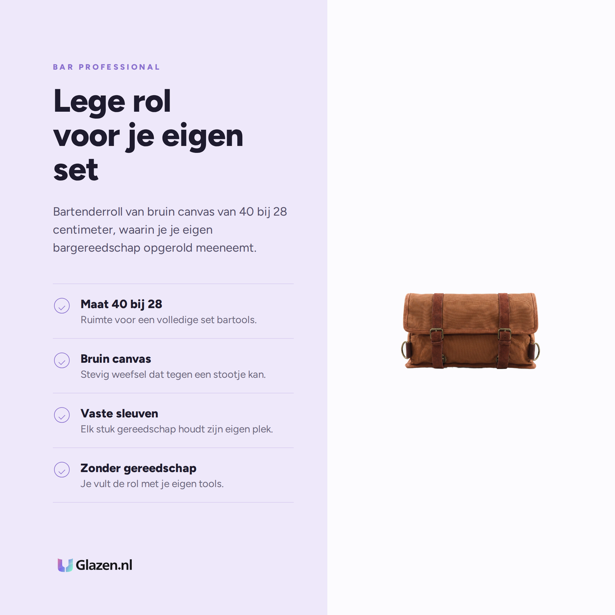 Infographic met de eigenschappen van Bar Professional Bartenderroll Bruin 40x28 Cm