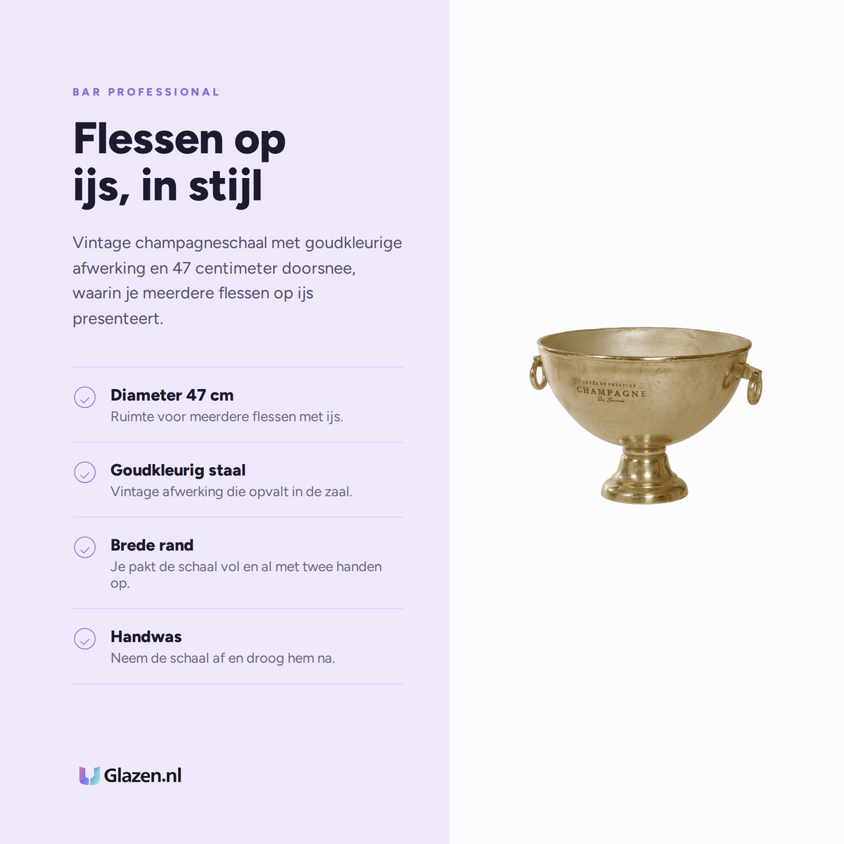 Infographic met de eigenschappen van Bar Professional Champagne Bowl Vintage Goud 47 Cm