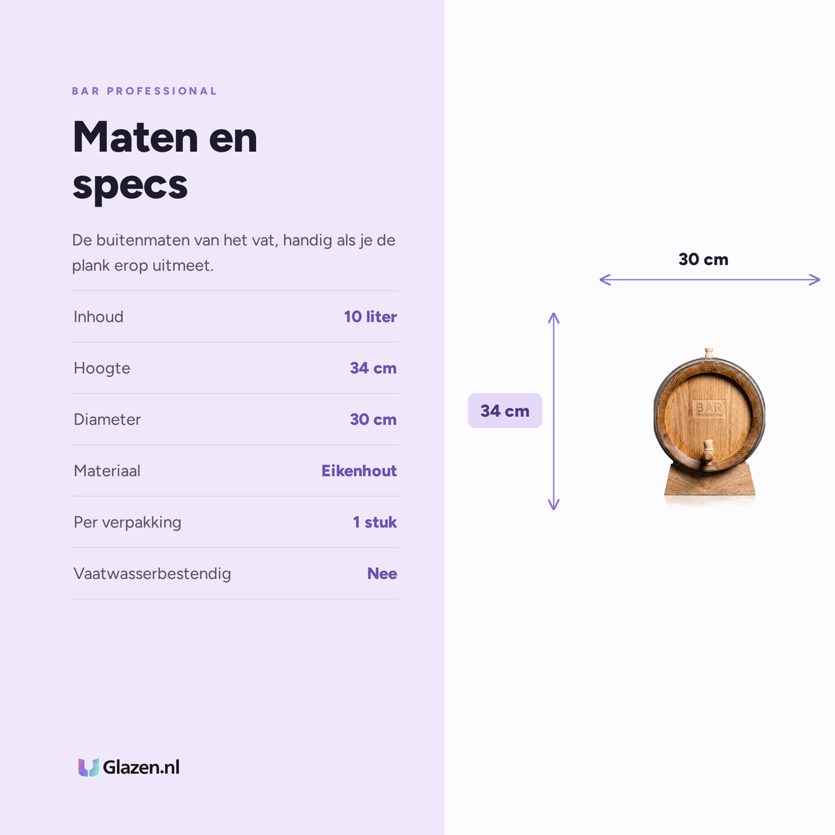 Maten en specs van de Bar Professional Eikenhouten Vat 10 Liter