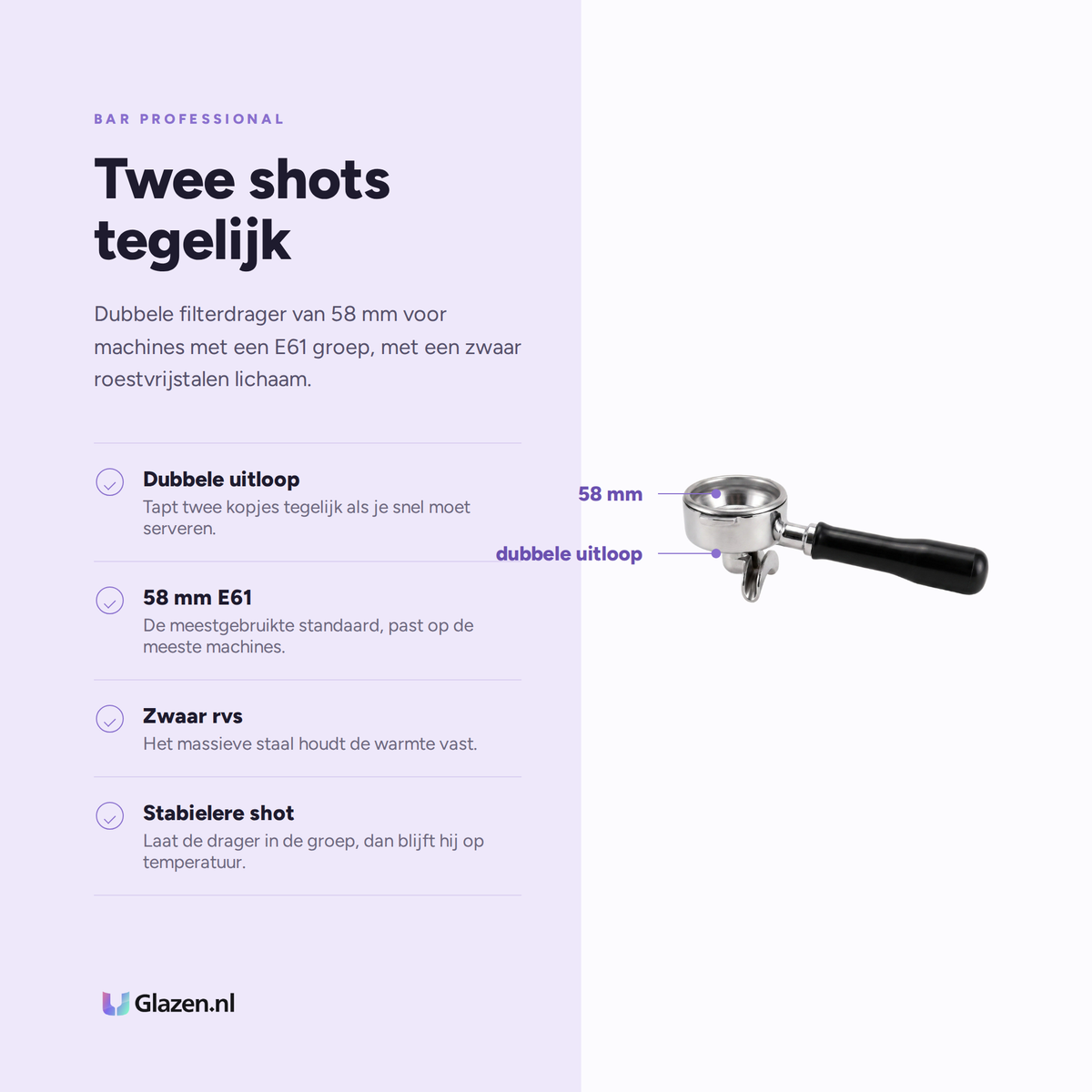 Infographic met de eigenschappen van Bar Professional Filterdrager Dubbel 58 mm E61 RVS
