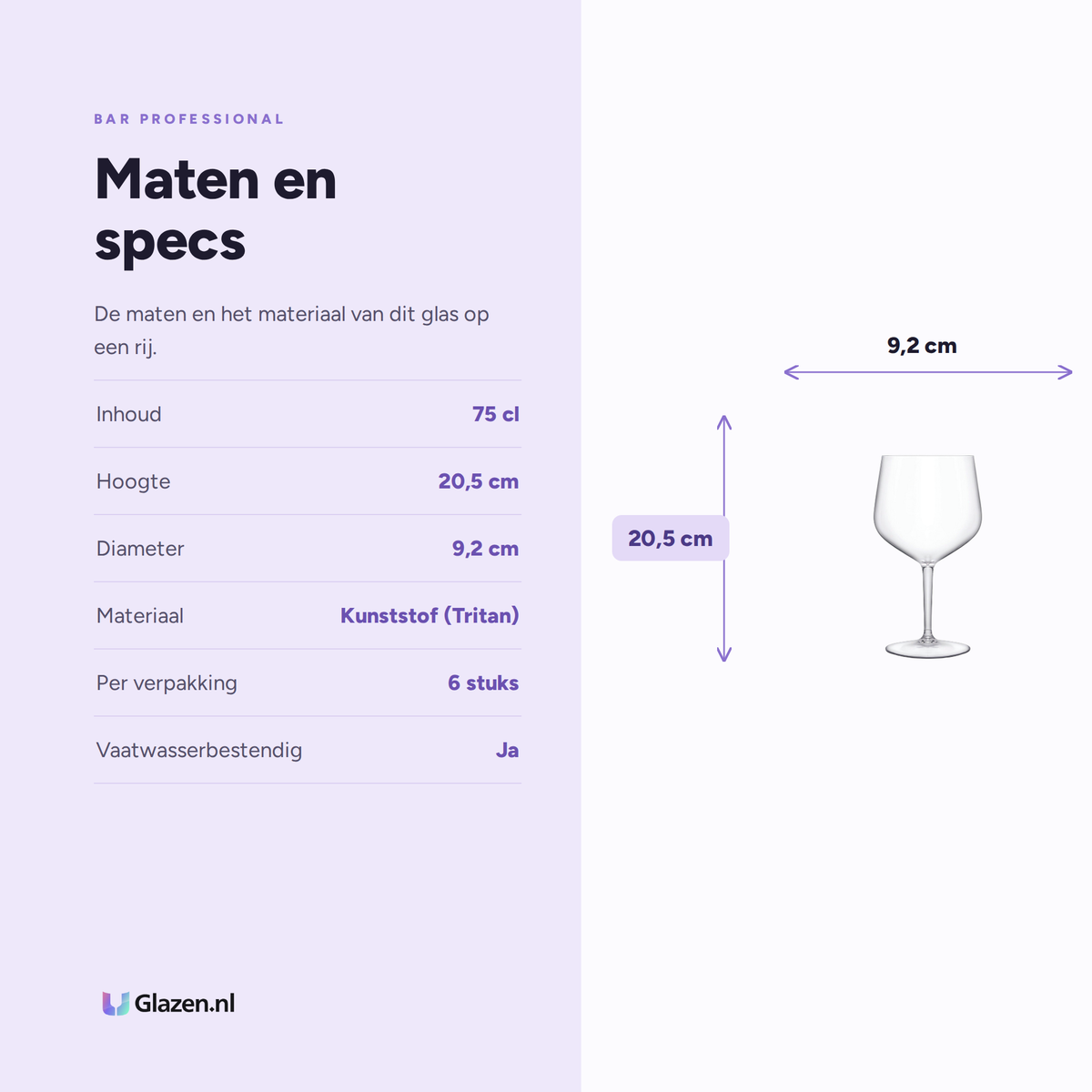 Maten en specs van Bar Professional Gin Tonic Glas Kunststof 75 Cl - 6 Stuks