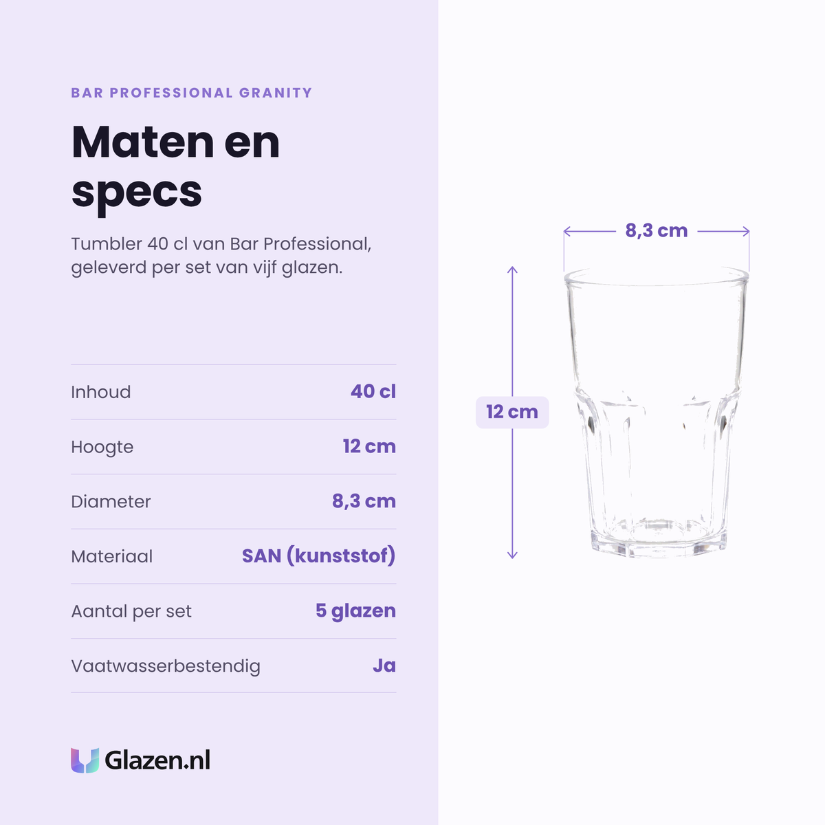 Bar Professional Granity tumbler 40 cl specificaties: inhoud 40 cl, hoogte 12 cm, diameter 8,3 cm, SAN kunststof, set van 5