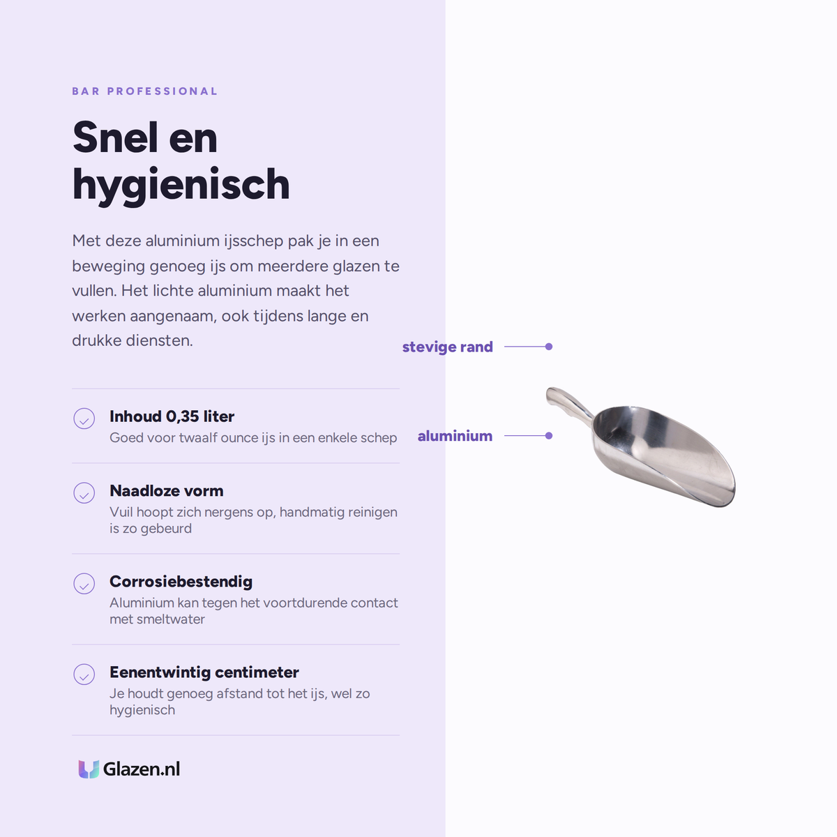Eigenschappen van de Bar Professional aluminium ijsschep van 0,35 liter