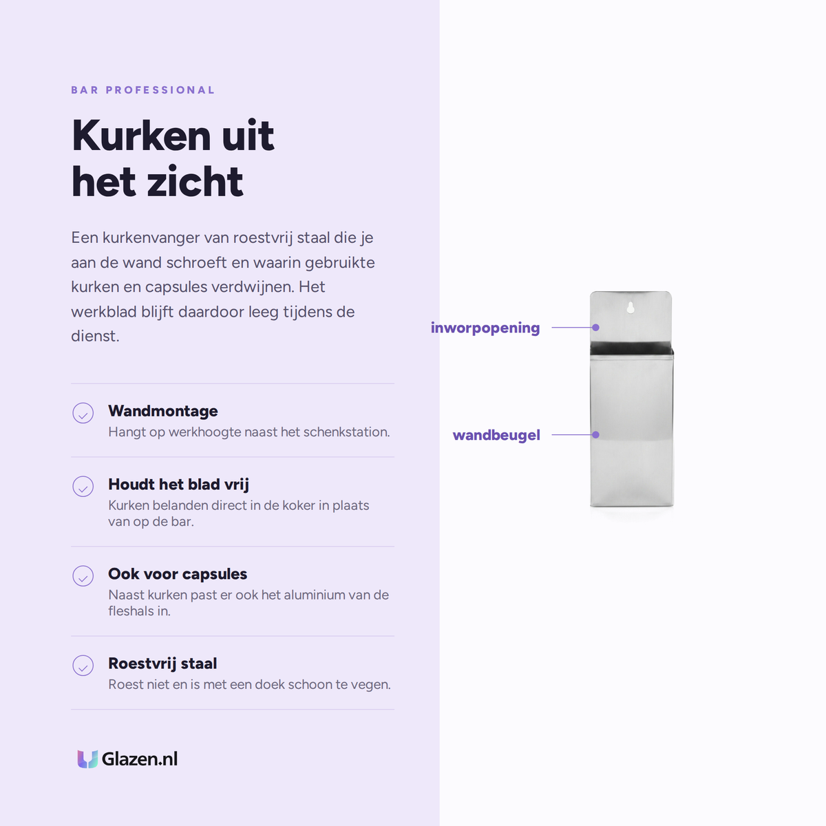 Eigenschappen van Bar Professional Kurkenvanger RVS voor Wandmontage