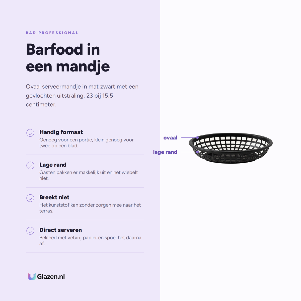 Infographic met de eigenschappen van Bar Professional Serveermandje Ovaal Zwart 23x15,5 cm