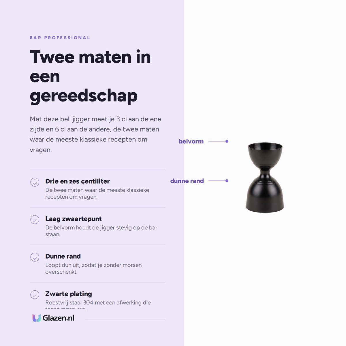 Infographic met de eigenschappen van de Bar Professional Speakeasy Bell Jigger Zwart 3/6 Cl