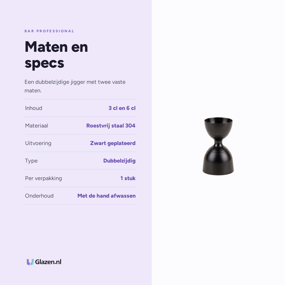 Infographic met de maten en specificaties van de Bar Professional Speakeasy Bell Jigger Zwart 3/6 Cl