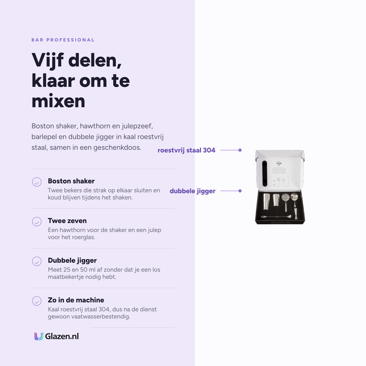 Infographic met de eigenschappen van Bar Professional Speakeasy Cocktailset RVS Geschenkset