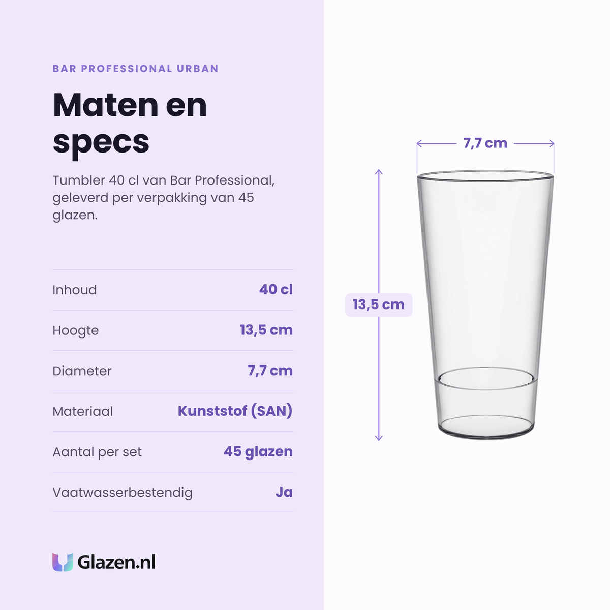 Bar Professional Urban tumbler 40 cl specificaties: inhoud 40 cl, hoogte 13,5 cm, diameter 7,7 cm, SAN kunststof, verpakking van 45