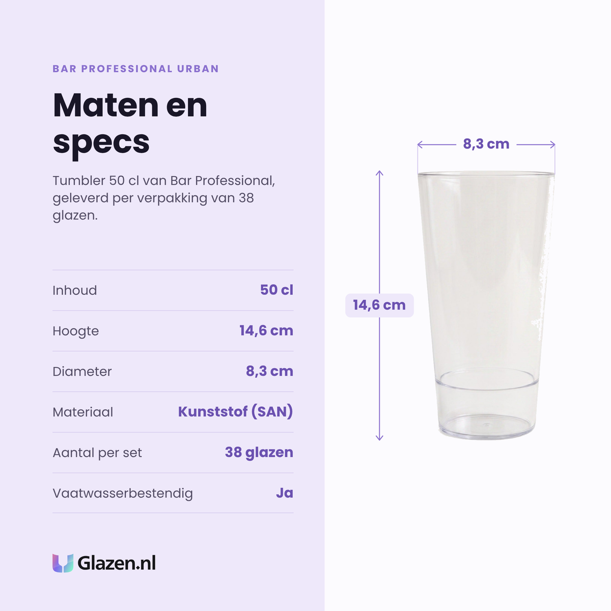 Bar Professional Urban tumbler 50 cl specificaties: inhoud 50 cl, hoogte 14,6 cm, diameter 8,3 cm, SAN kunststof, verpakking van 38