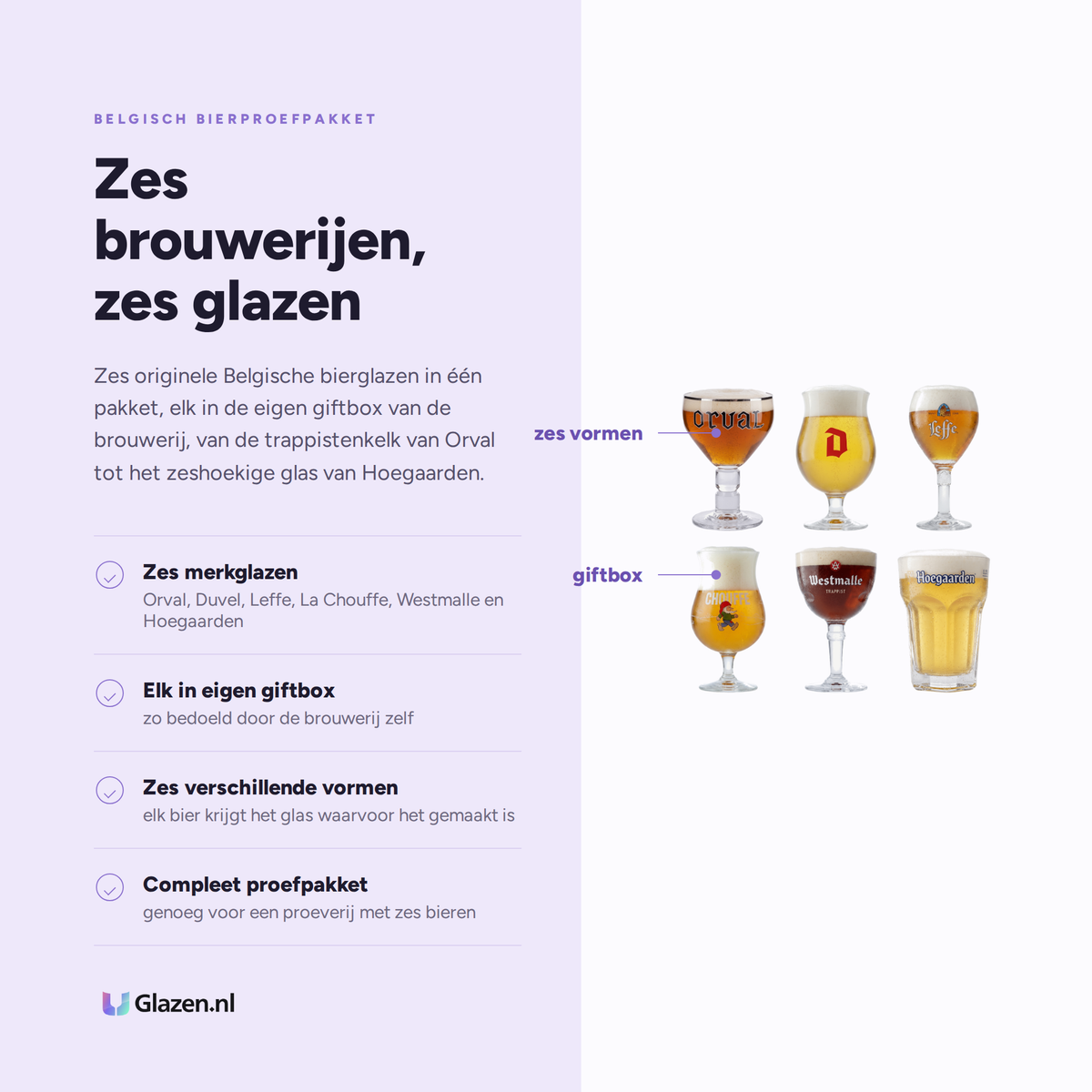 Eigenschappen van Belgisch Bierproefpakket 6 Glazen (Orval, Duvel, Leffe, La Chouffe, Westmalle & Hoegaarden)