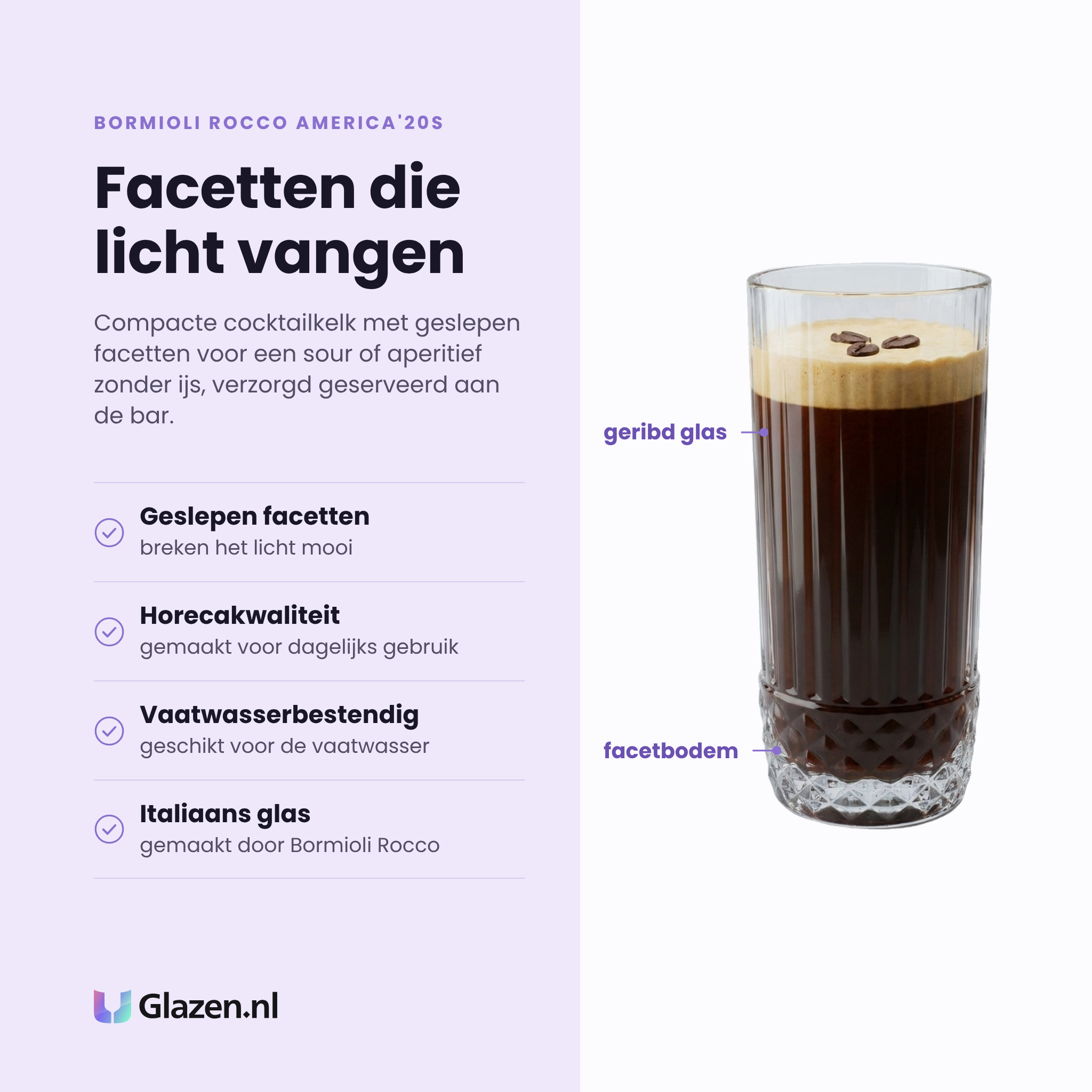 Bormioli Rocco America'20s cocktailglas 20 cl eigenschappen: geslepen facetten, horecakwaliteit, vaatwasserbestendig, italiaans glas