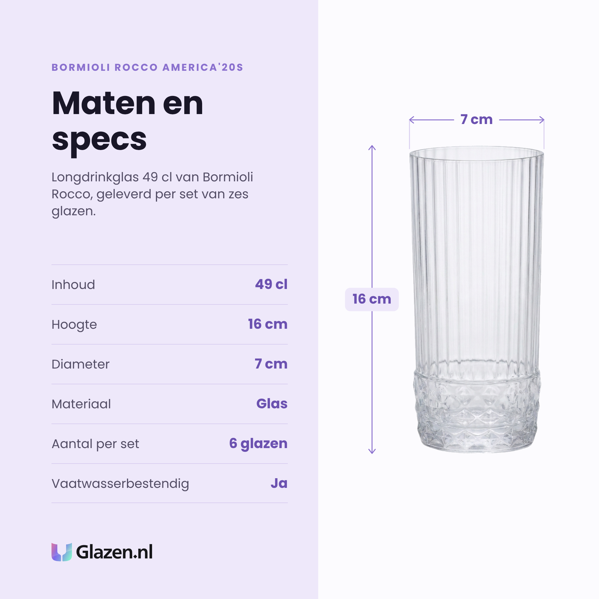 Bormioli Rocco America'20s longdrinkglas 49 cl specificaties: inhoud 49 cl, hoogte 16 cm, diameter 7 cm, glas, set van 6