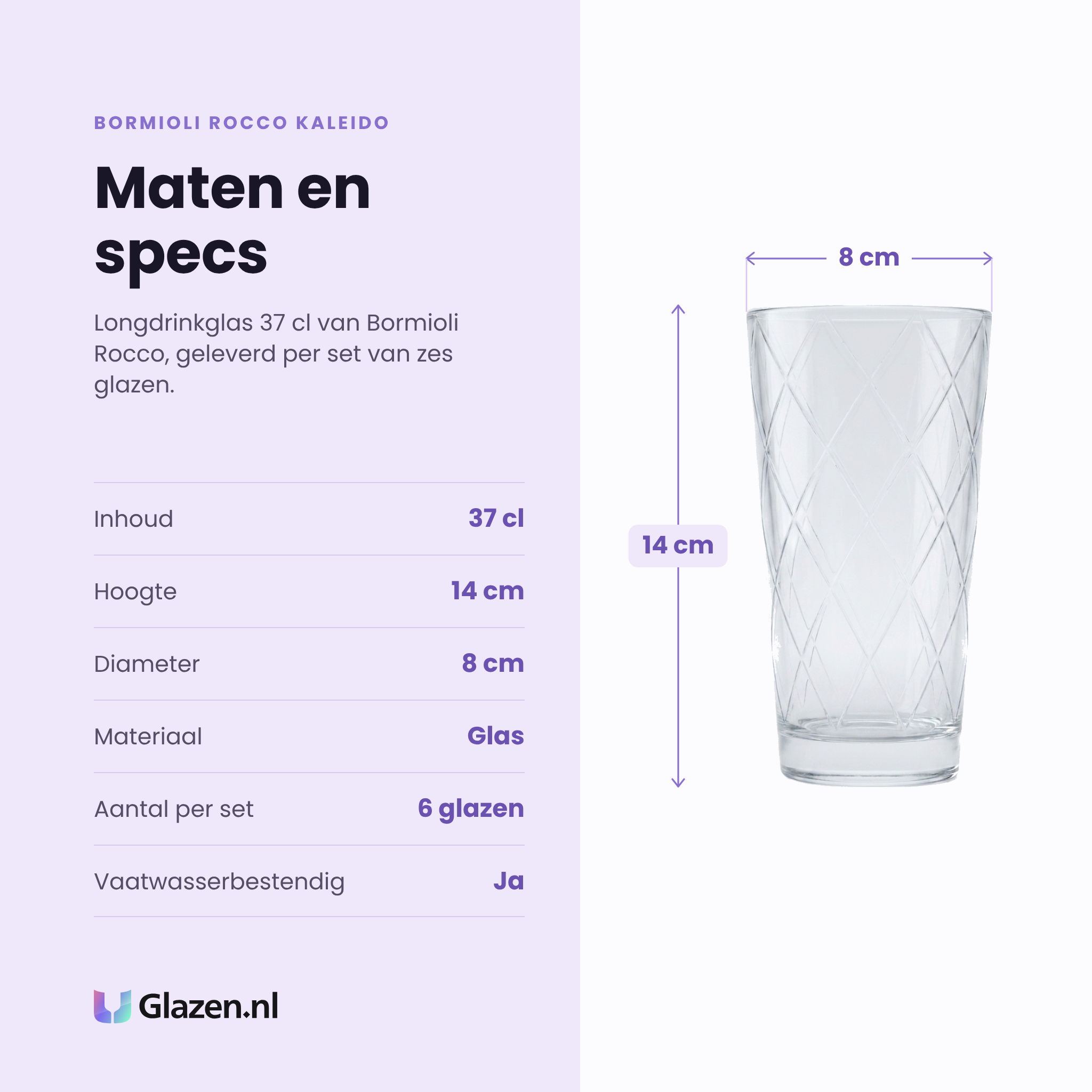 Bormioli Rocco Kaleido longdrinkglas 37 cl specificaties: inhoud 37 cl, hoogte 14 cm, diameter 8 cm, glas, set van 6