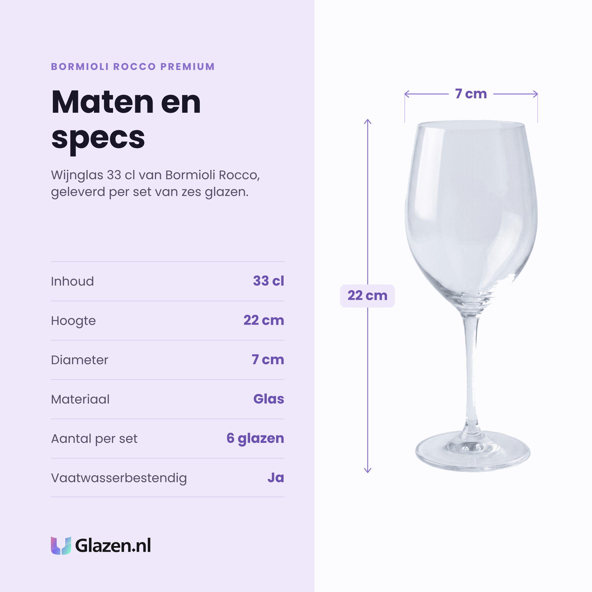 Bormioli Rocco Premium wijnglas 33 cl specificaties: inhoud 33 cl, hoogte 22 cm, diameter 7 cm, glas, set van 6