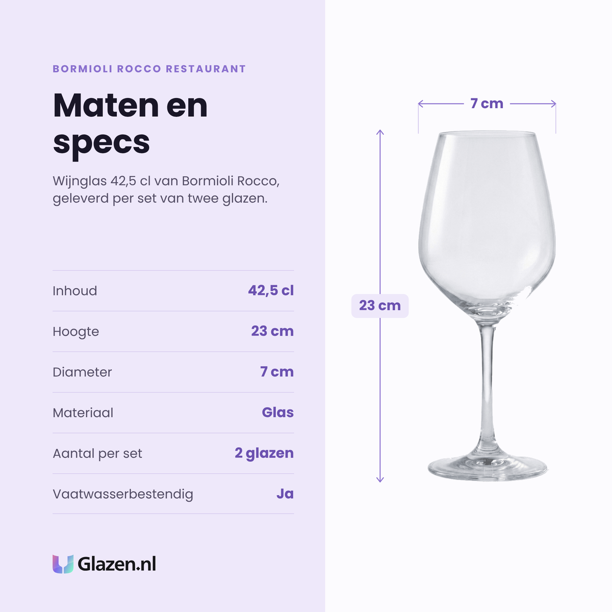 Bormioli Rocco Restaurant wijnglas 42,5 cl specificaties: inhoud 42,5 cl, hoogte 23 cm, diameter 7 cm, glas, set van 2