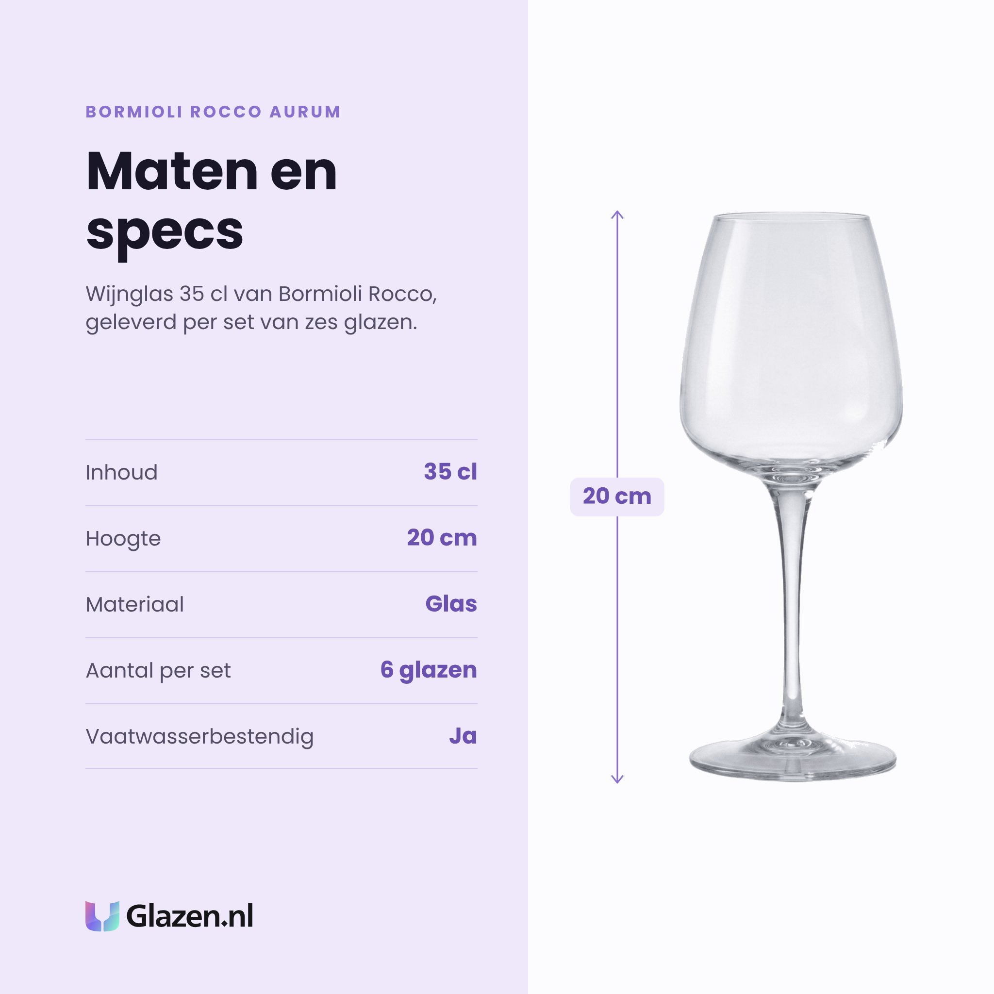 Bormioli Rocco Aurum wijnglas 35 cl specificaties: inhoud 35 cl, hoogte 20 cm, glas, set van 6