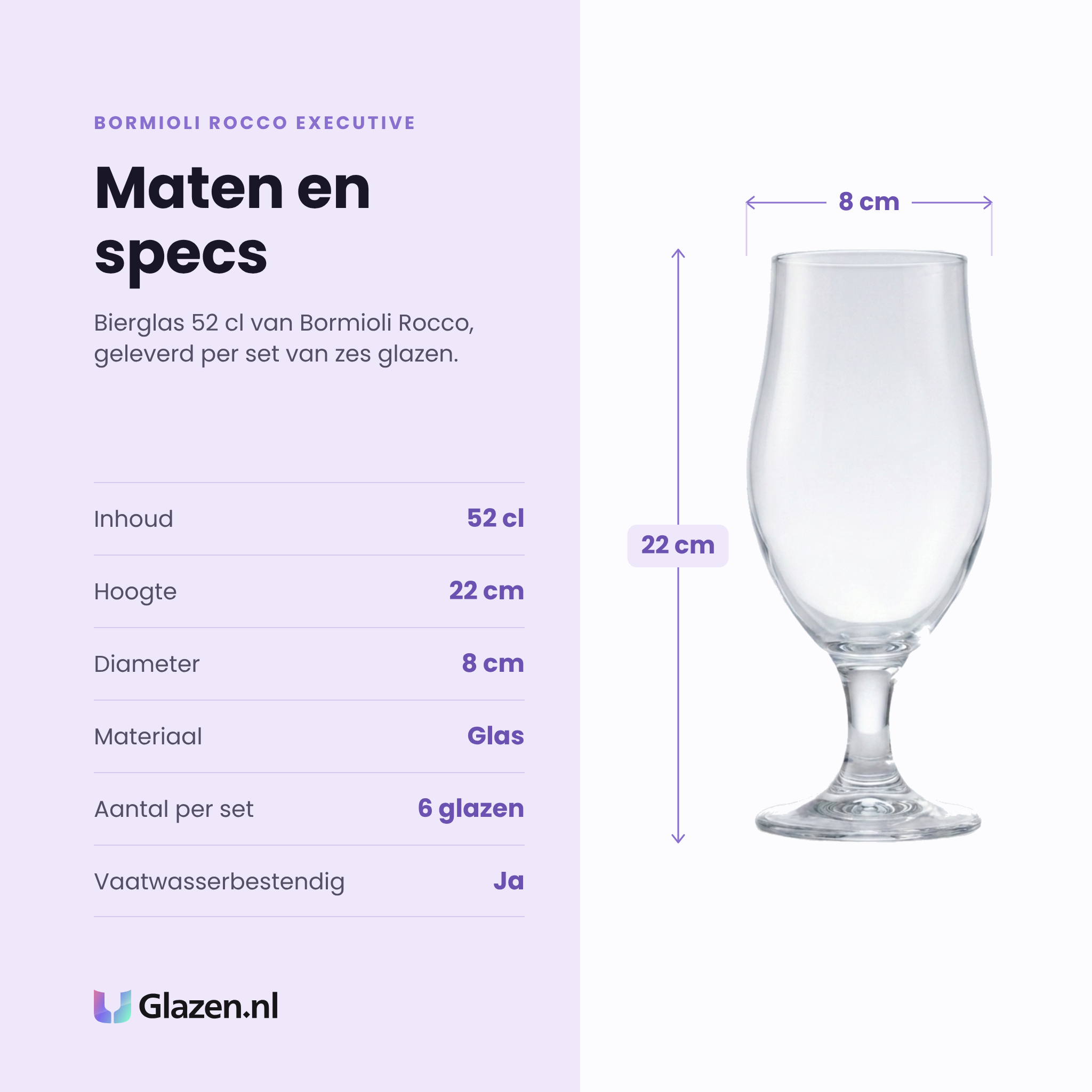 Bormioli Rocco Executive bierglas 52 cl specificaties: inhoud 52 cl, hoogte 22 cm, diameter 8 cm, glas, set van 6