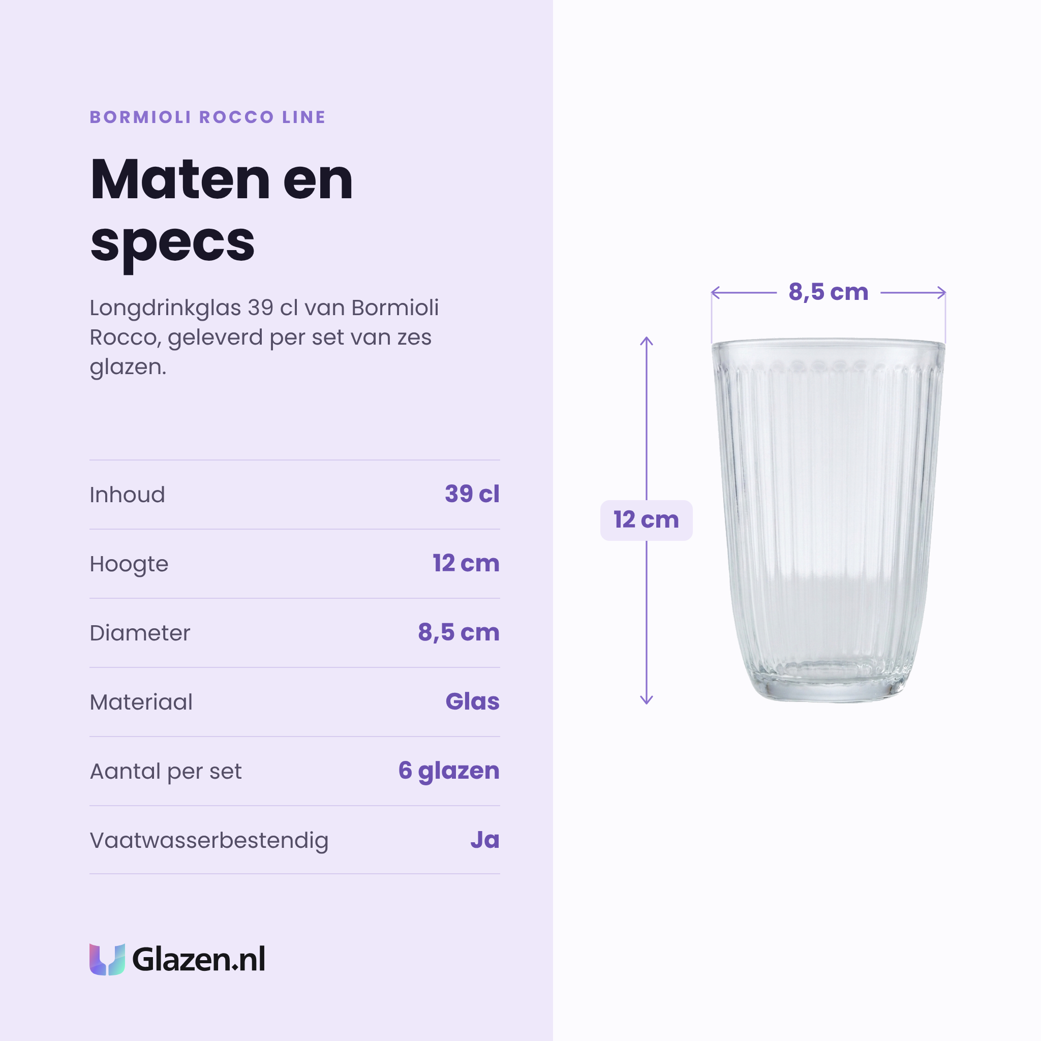 Bormioli Rocco Line longdrinkglas 39 cl specificaties: inhoud 39 cl, hoogte 12 cm, diameter 8,5 cm, glas, set van 6