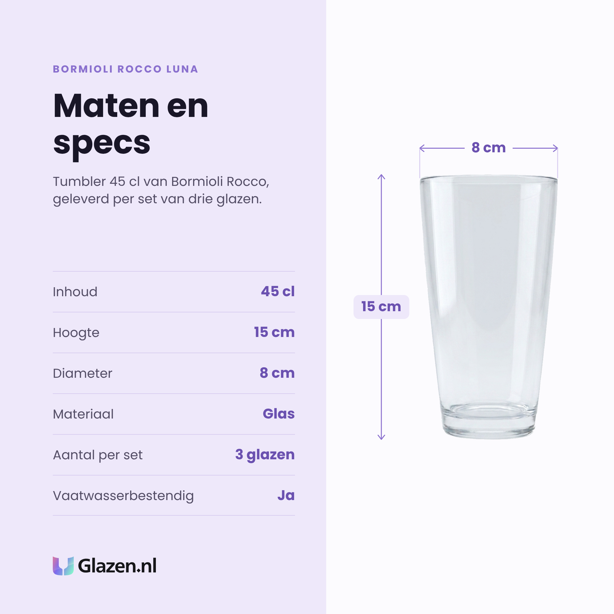 Bormioli Rocco Luna tumbler 45 cl specificaties: inhoud 45 cl, hoogte 15 cm, diameter 8 cm, glas, set van 3