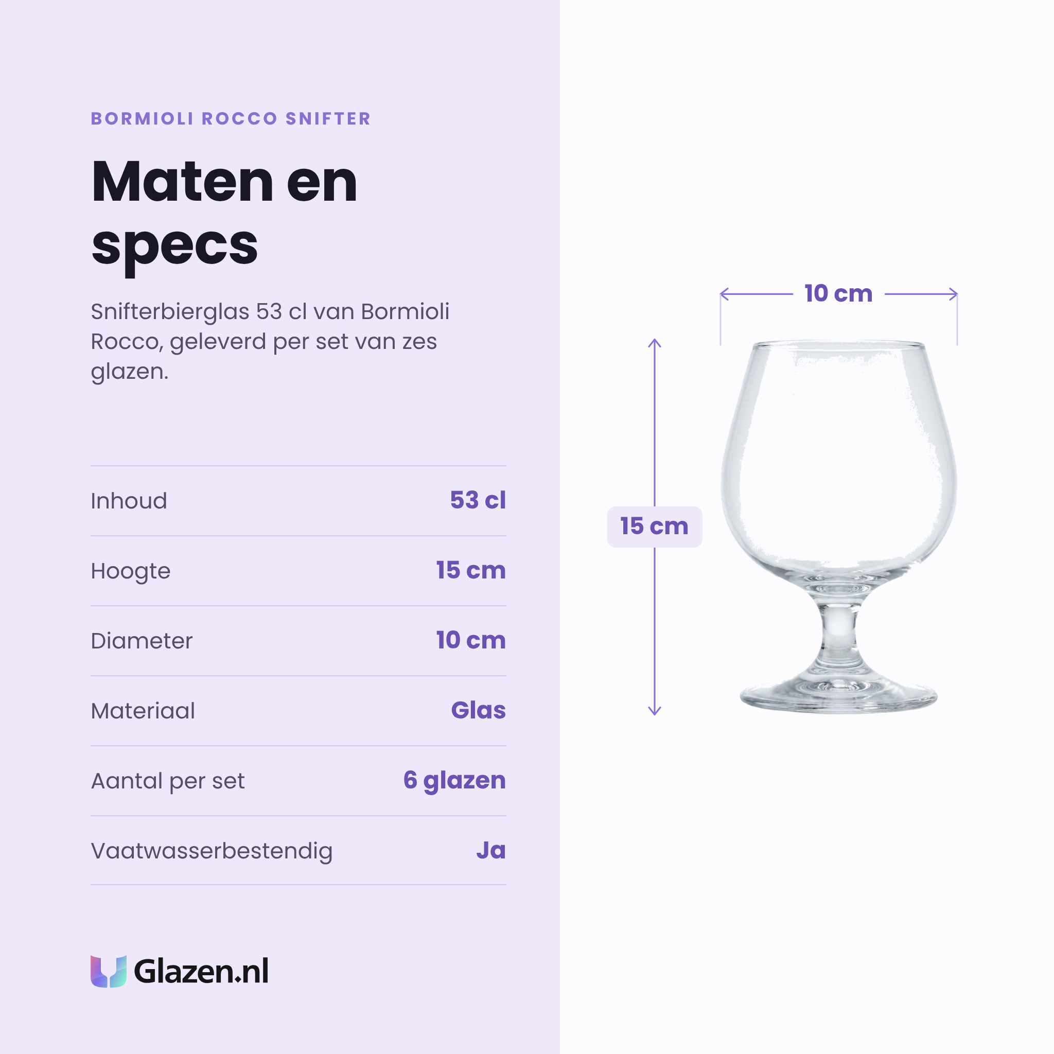 Bormioli Rocco Snifter bierglas 53 cl specificaties: inhoud 53 cl, hoogte 15 cm, diameter 10 cm, glas, set van 6