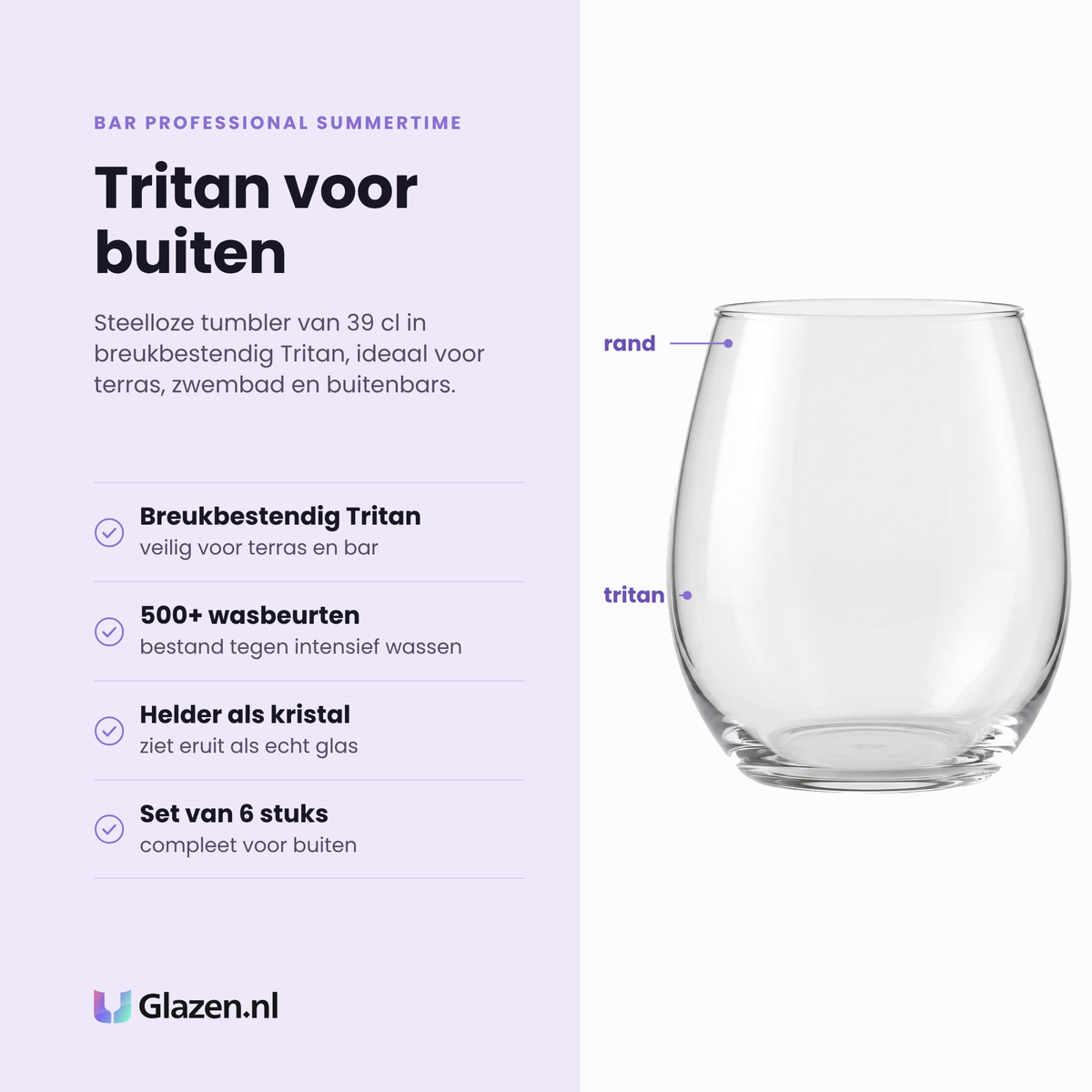 Bar Professional Summertime tumbler kunststof 39 cl eigenschappen: breukbestendig Tritan, bestand tegen 500 wasbeurten, helder als kristalglas, set van 6 stuks