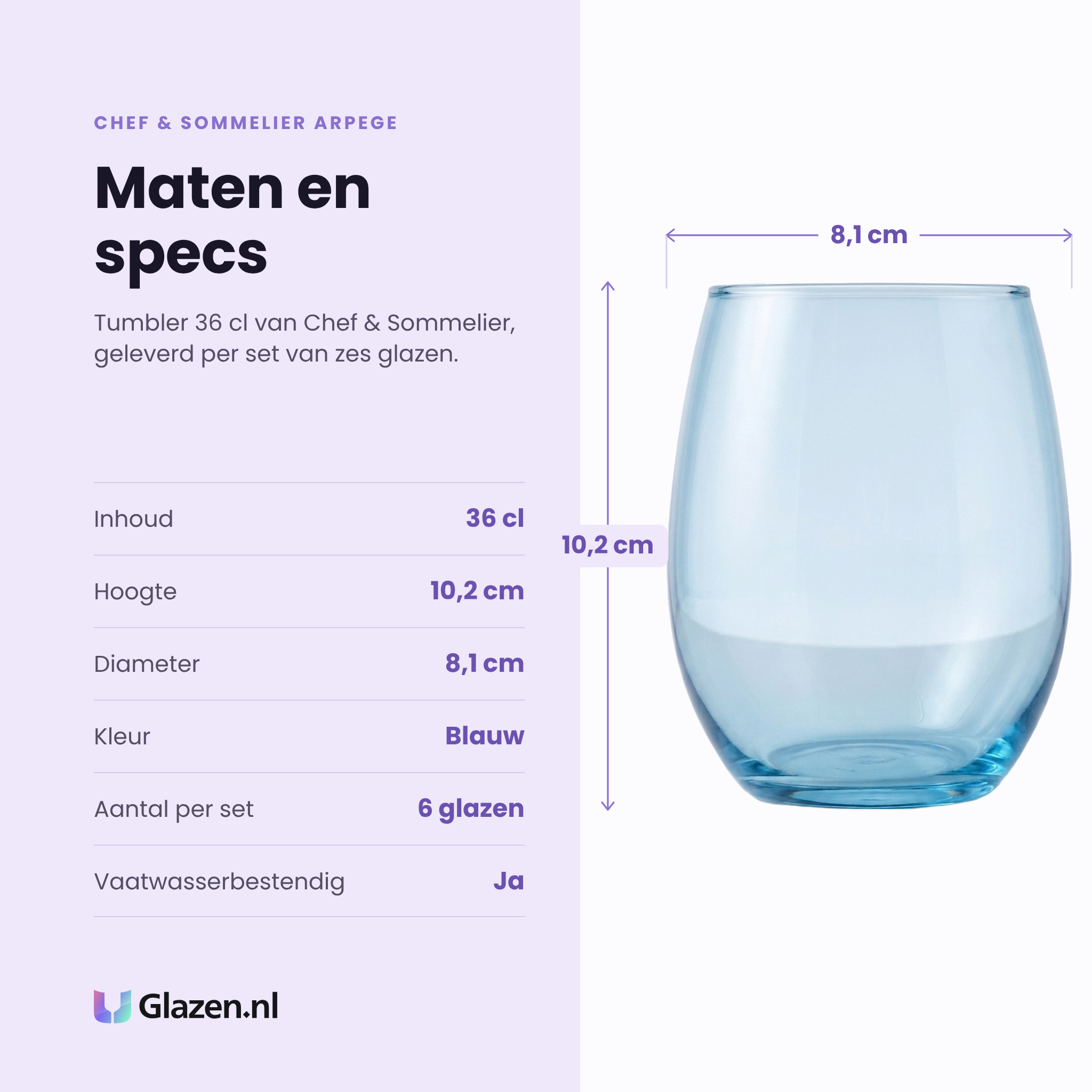 Chef & Sommelier Arpege tumbler 36 cl specificaties: inhoud 36 cl, hoogte 10,2 cm, diameter 8,1 cm, blauw, set van 6