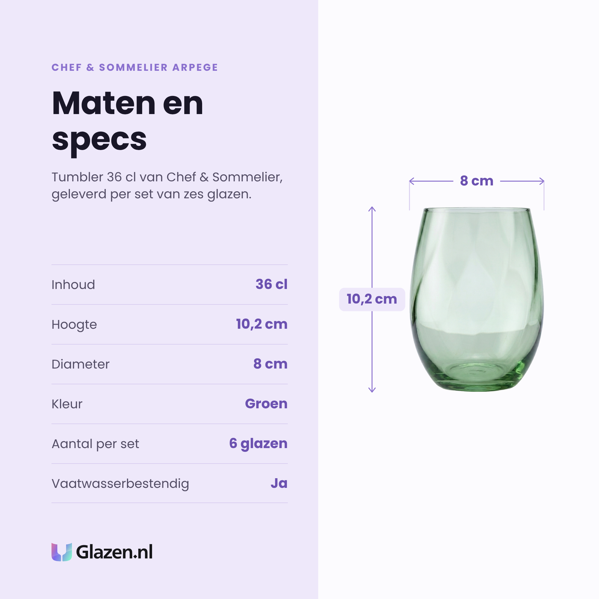 Chef & Sommelier Arpege tumbler 36 cl specificaties: inhoud 36 cl, hoogte 10,2 cm, diameter 8 cm, groen, set van 6