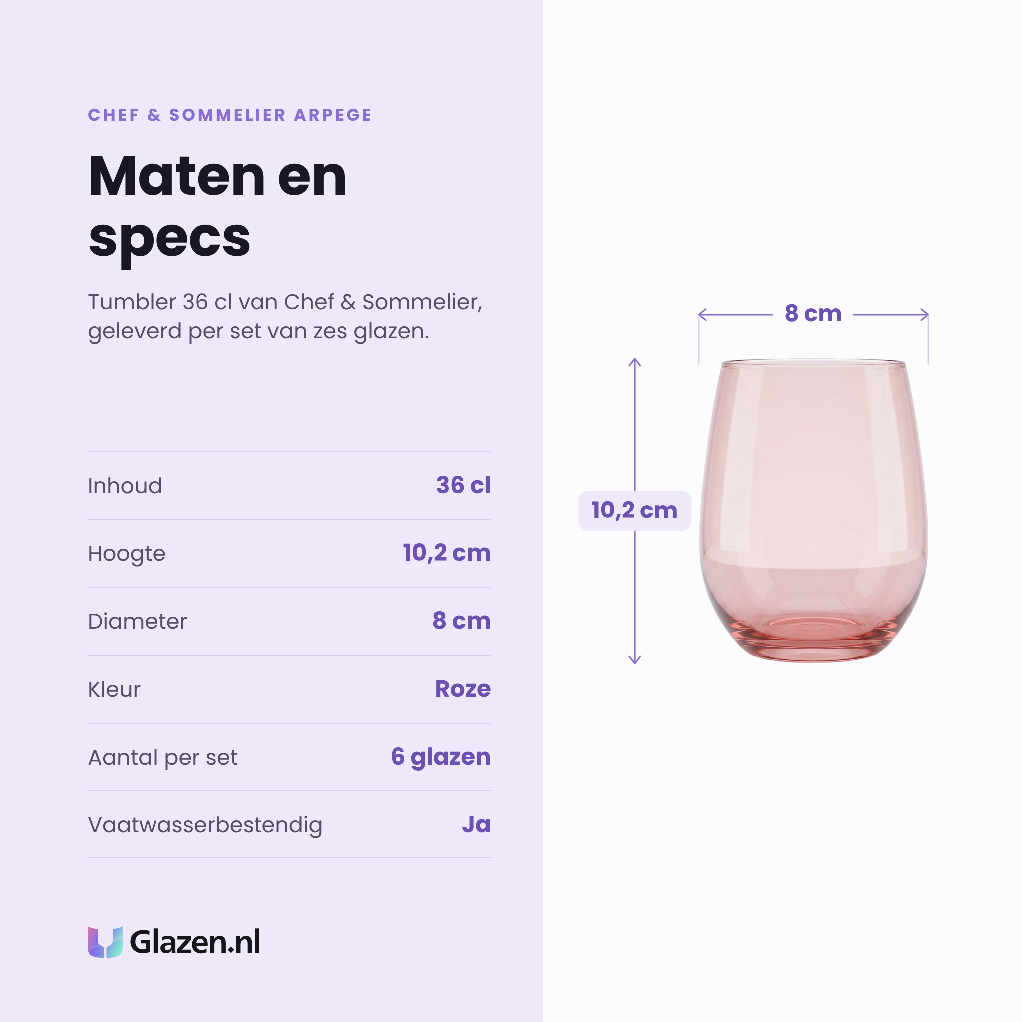 Chef & Sommelier Arpege tumbler 36 cl specificaties: inhoud 36 cl, hoogte 10,2 cm, diameter 8 cm, roze, set van 6