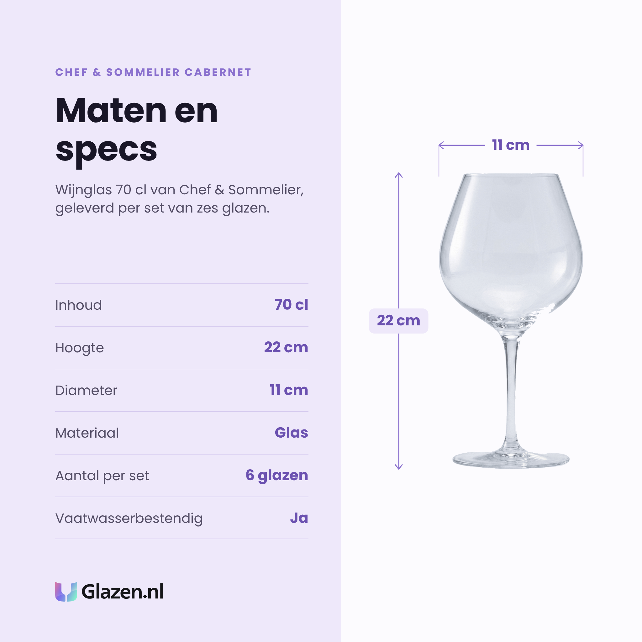 Chef & Sommelier Cabernet Abondant wijnglas 70 cl specificaties: inhoud 70 cl, hoogte 22 cm, diameter 11 cm, glas, set van 6