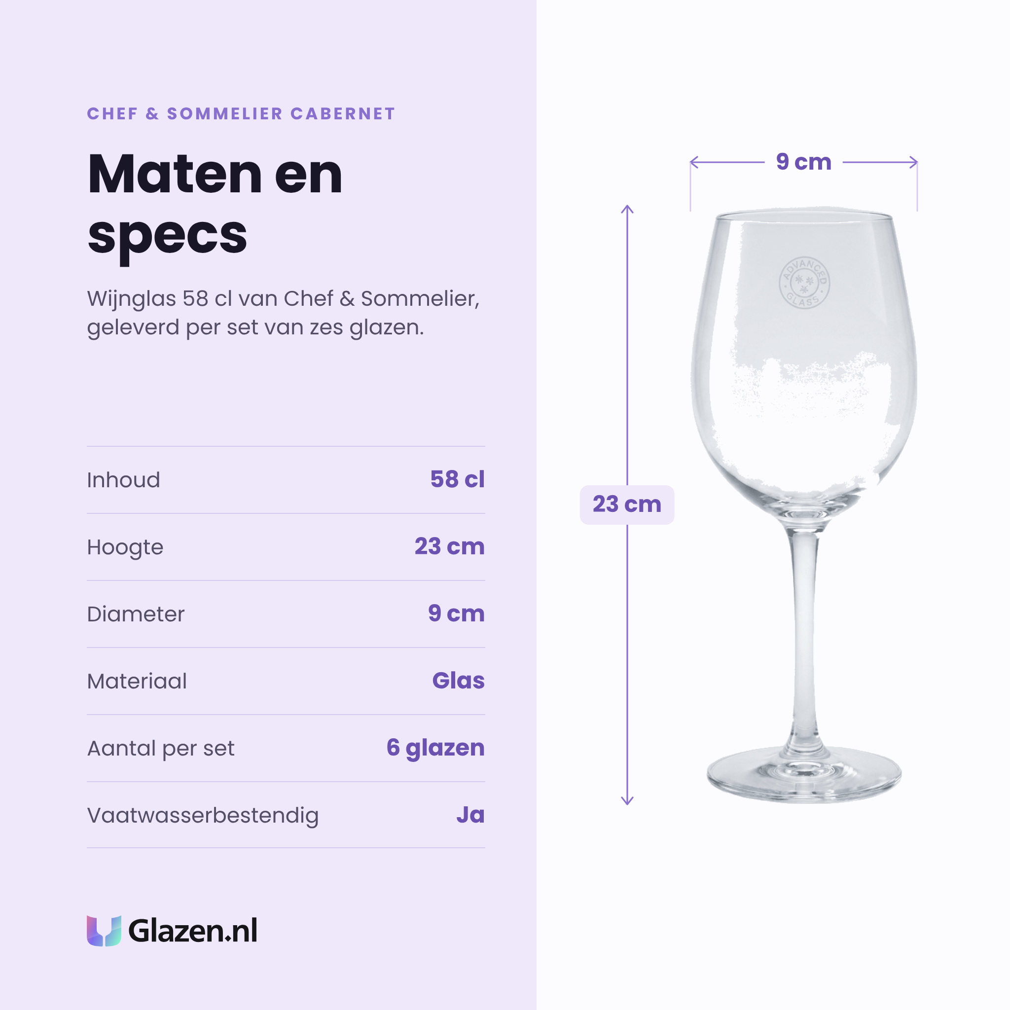 Chef & Sommelier Cabernet wijnglas 58 cl specificaties: inhoud 58 cl, hoogte 23 cm, diameter 9 cm, glas, set van 6