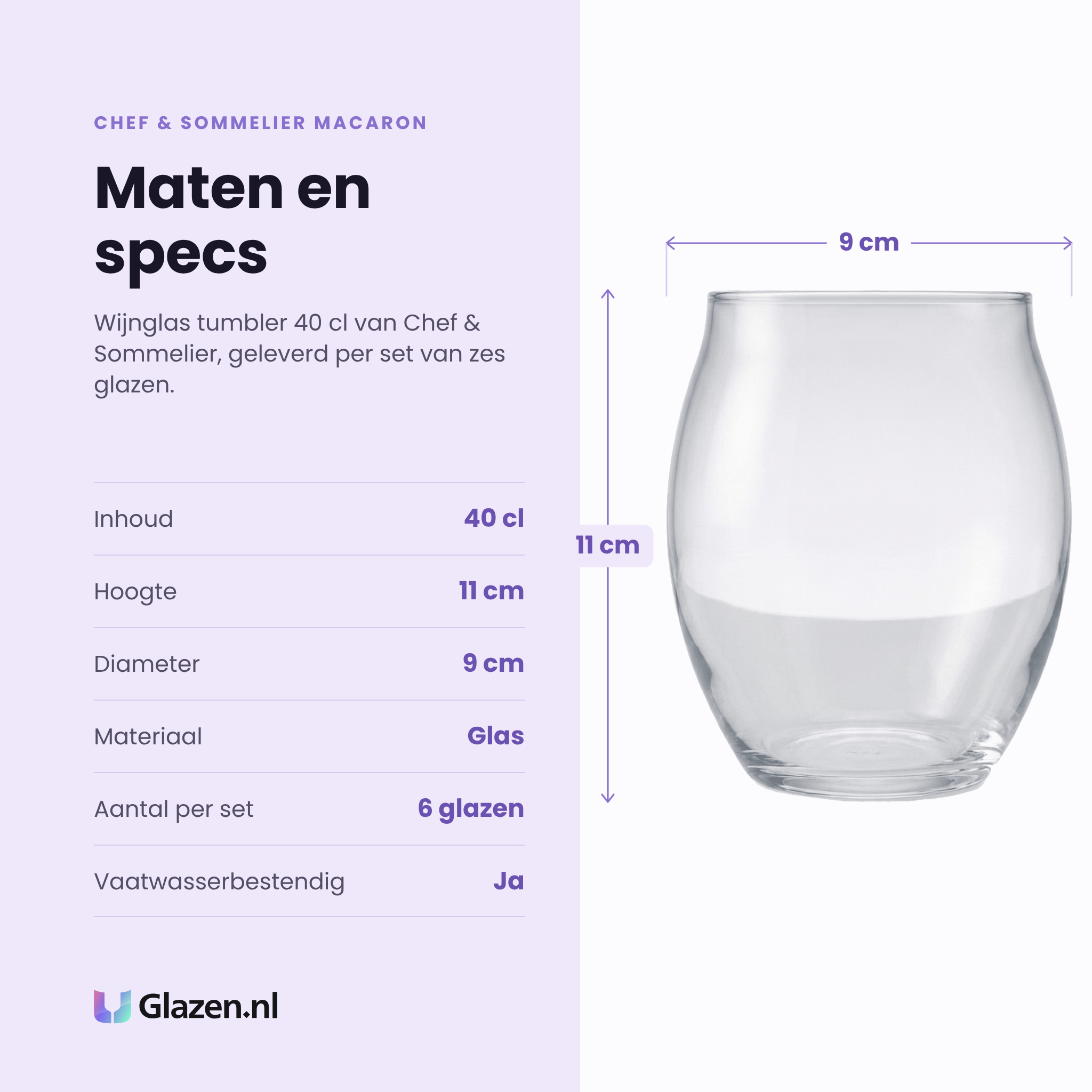 Chef & Sommelier Macaron wijnglas tumbler 40 cl specificaties: inhoud 40 cl, hoogte 11 cm, diameter 9 cm, glas, set van 6